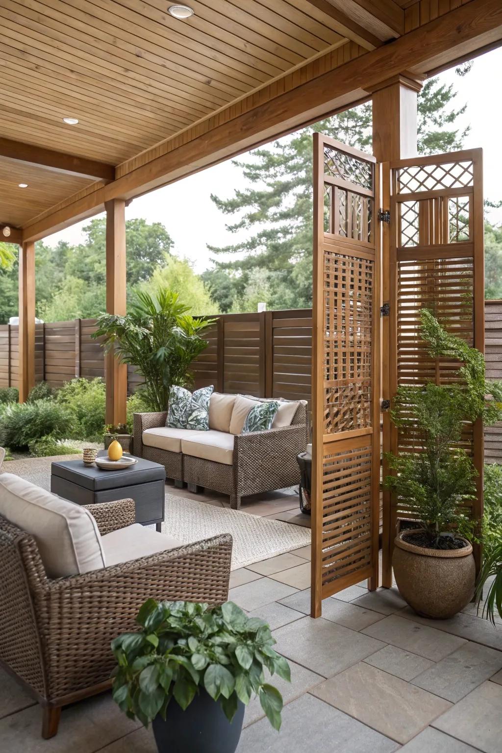 A serene patio featuring a timber solitude screen.