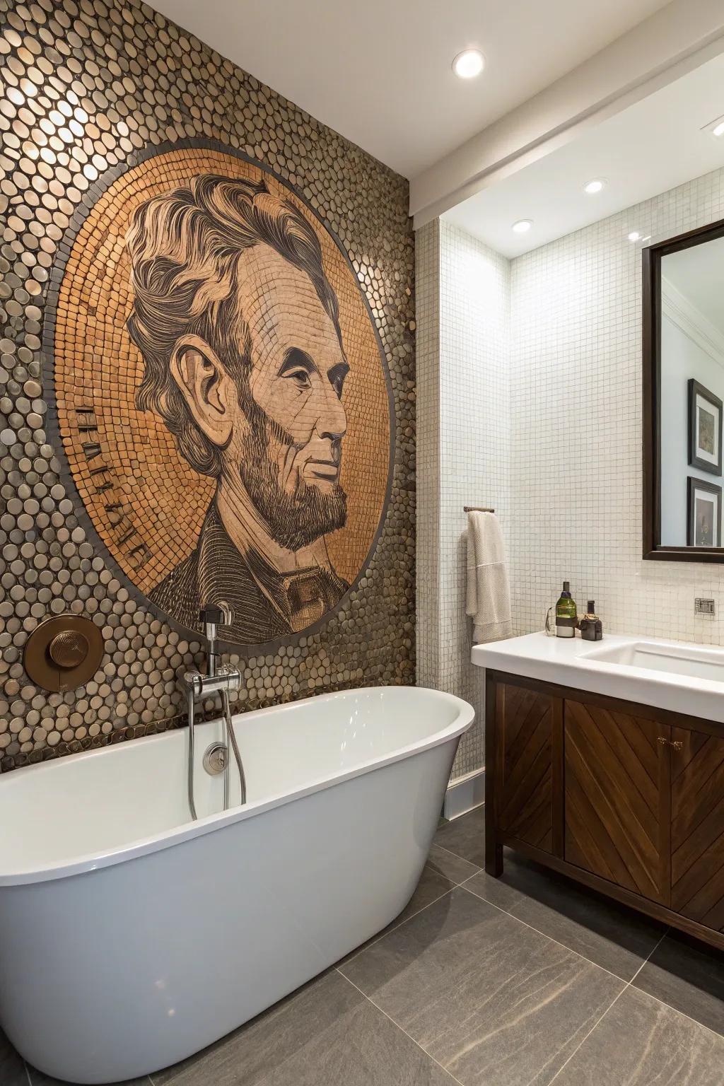 Unique mosaic art fashioned with penny tiles as a focal point.