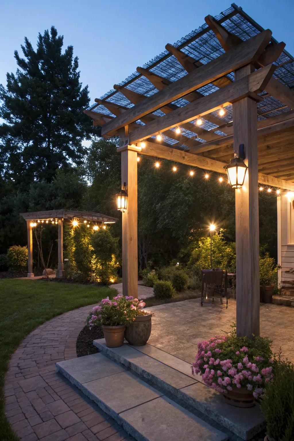 Sun-powered lights provide sustainable evening ambiance.