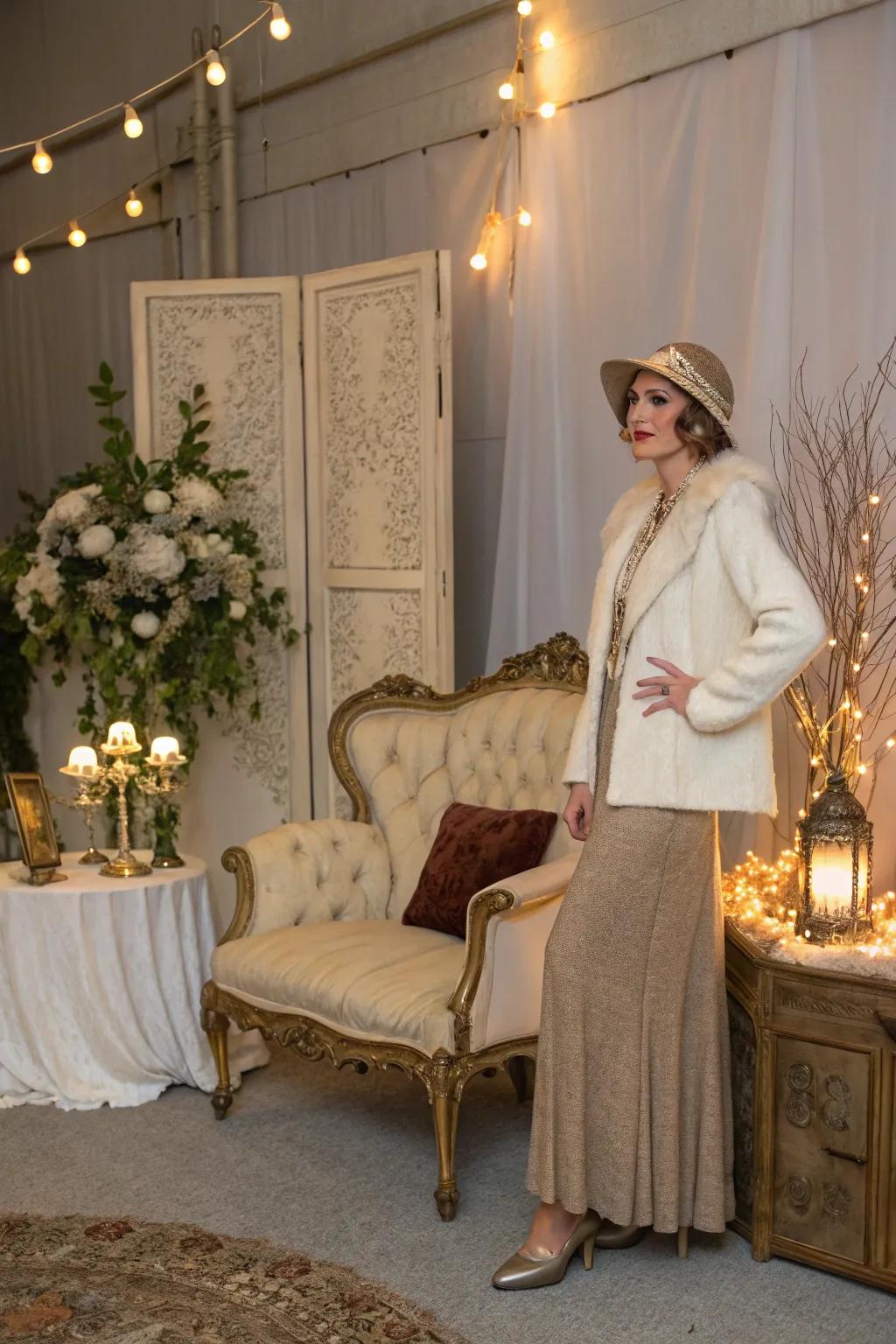 A past era glamour setup with elegant outfits and classic design.