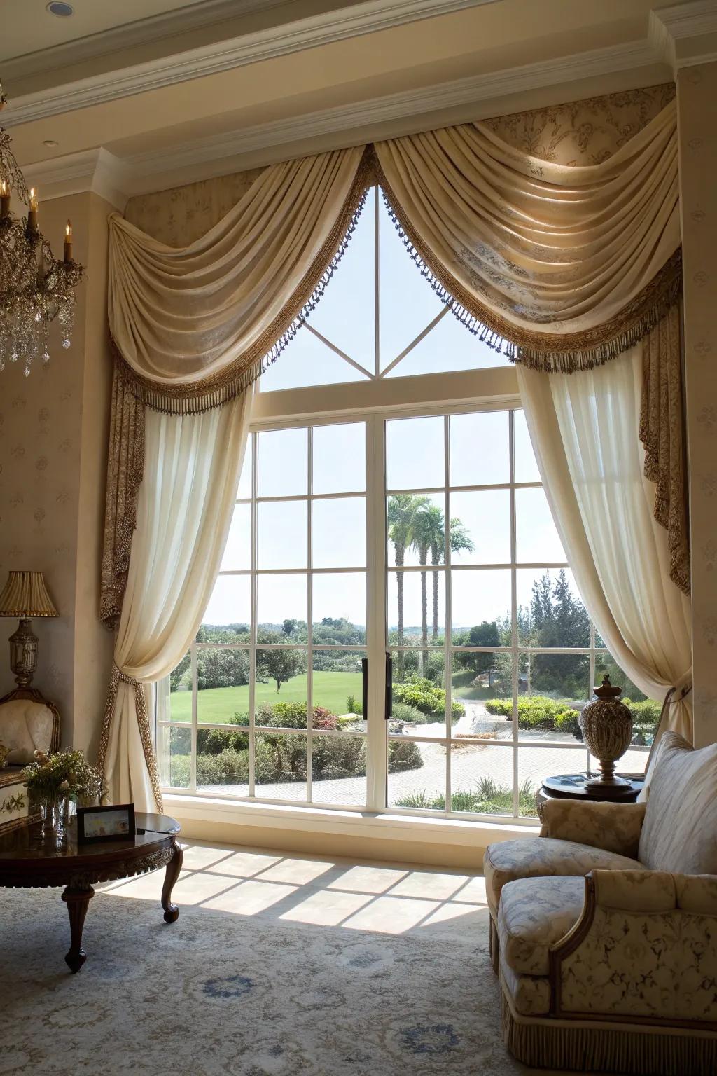 Elegant living space featuring a decorative valance that adds charm to a picture window.