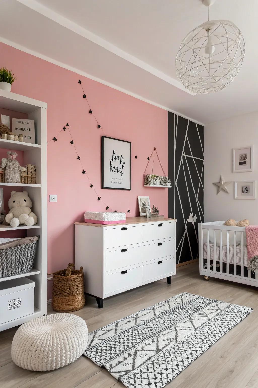 A contemporary nursery wherein rose encounters monochrome for a harmonious aesthetic.