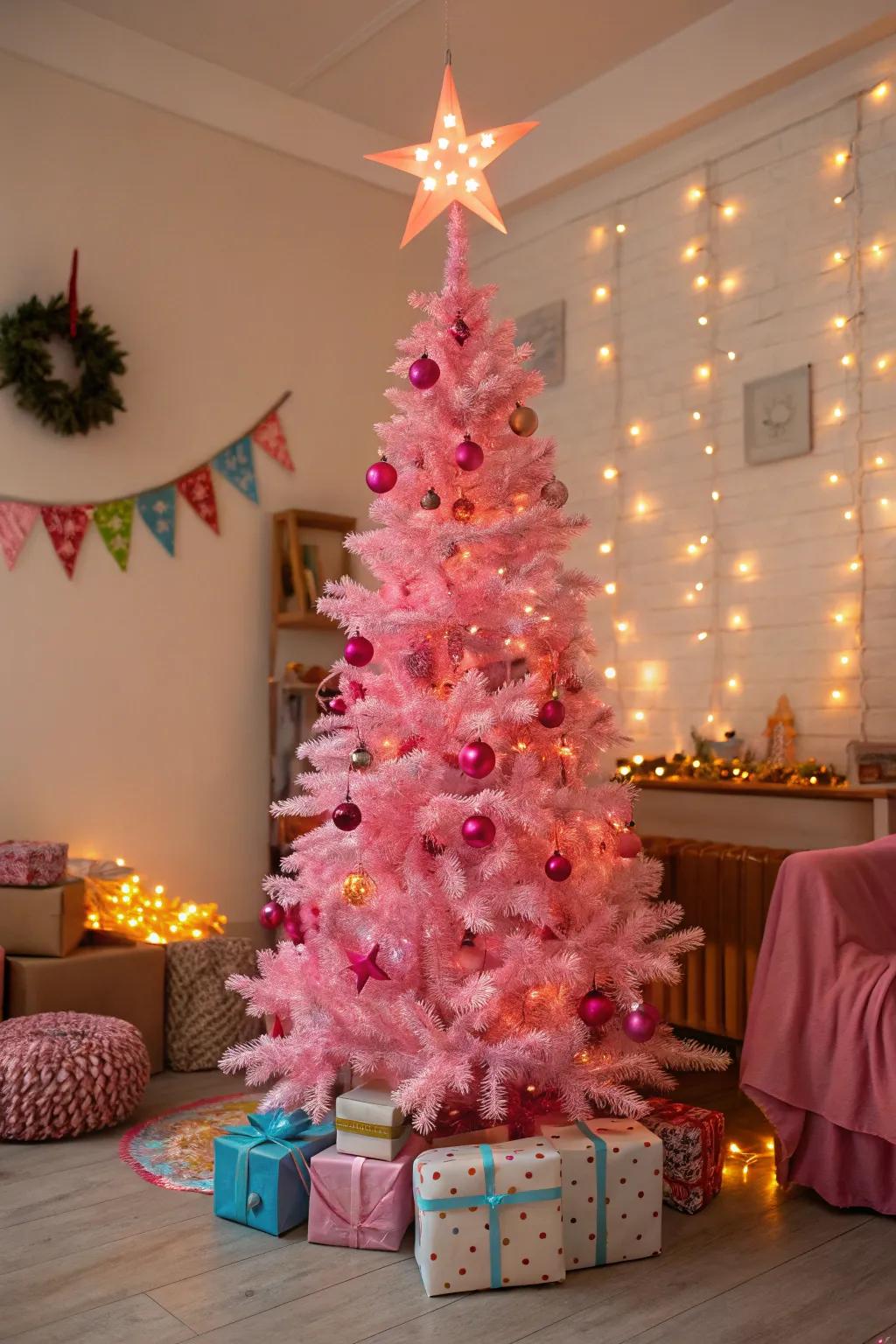 A dazzling star crowns this pink tree with classic appeal.