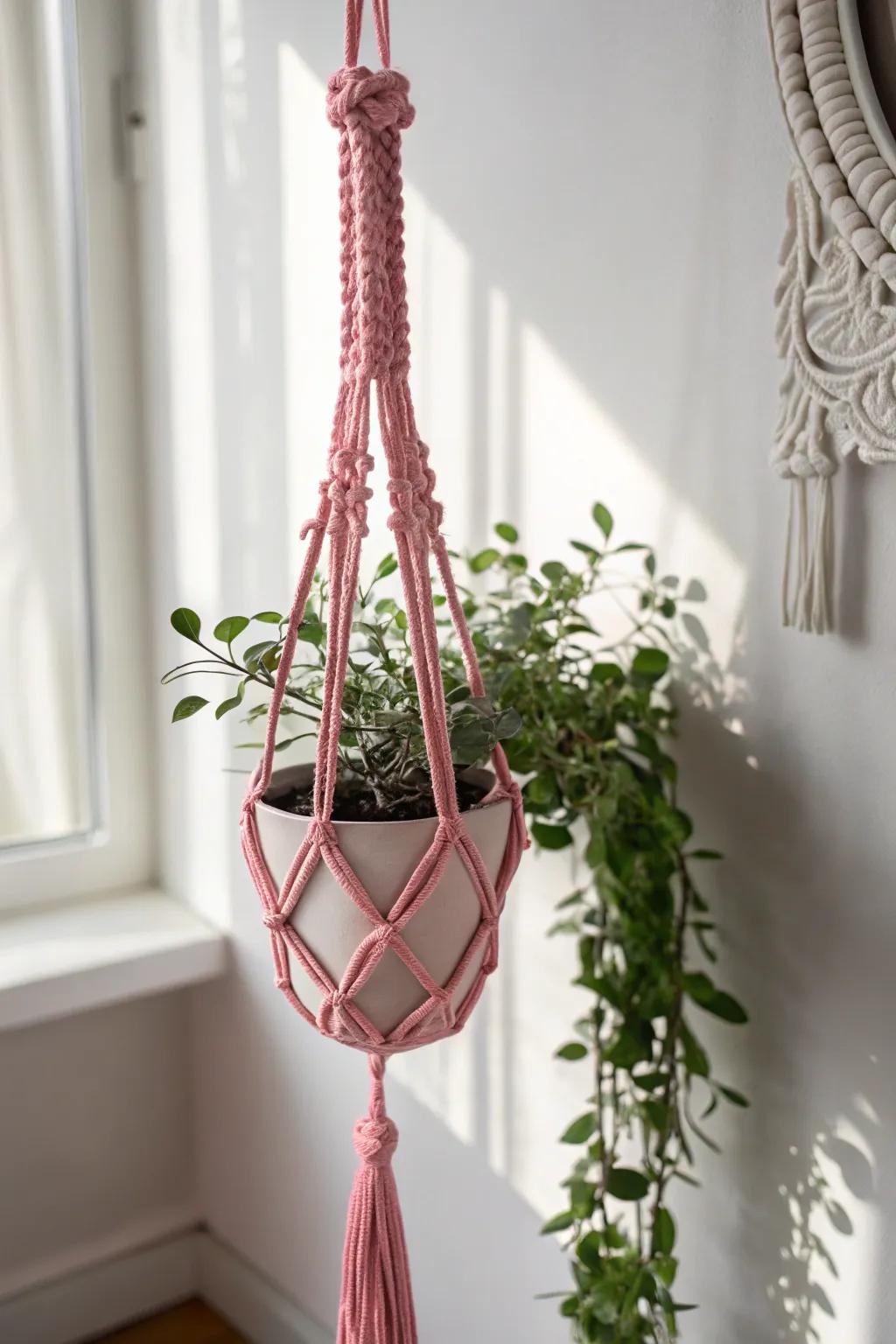 Add a pop of color and craftsmanship to your home with this chic blush macramé foliage support.