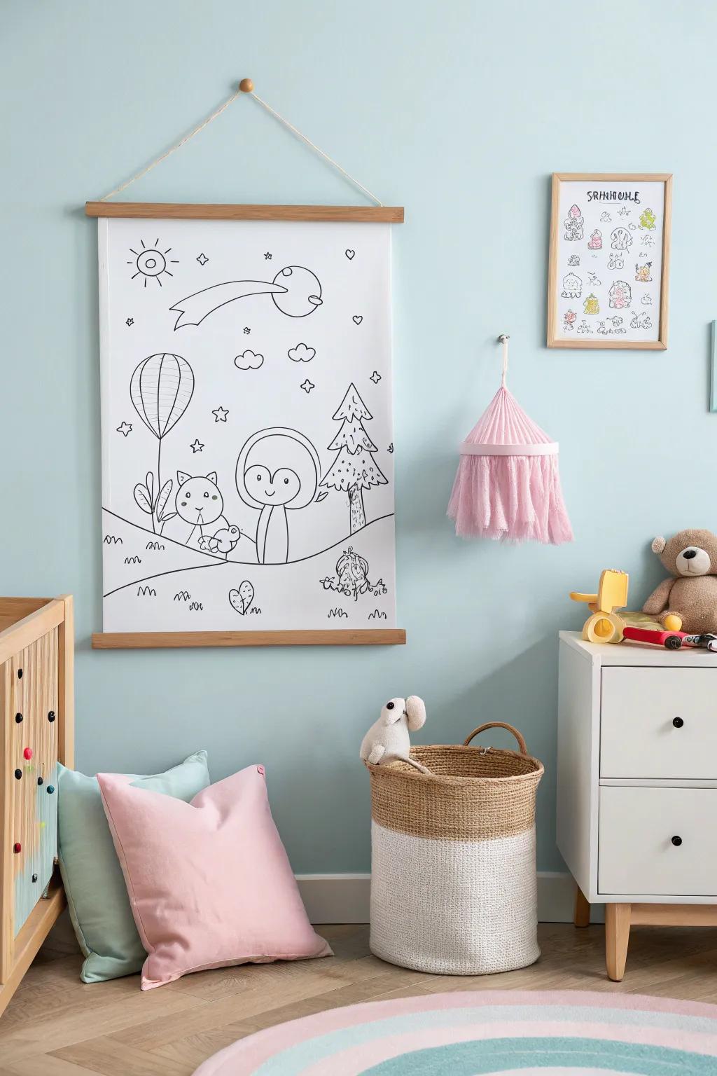 An illustrated wall art with playful line drawings in a nursery.