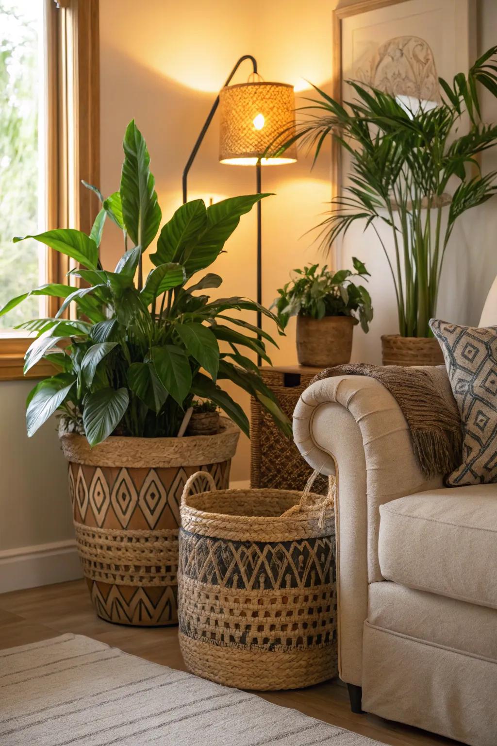 Enhance your home’s charm with plants in baskets.