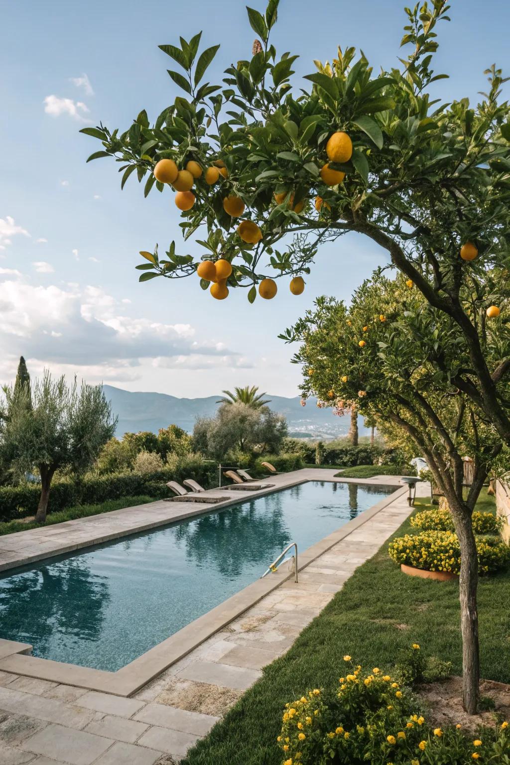 Citrus trees offer allure and fresh fruit poolside.