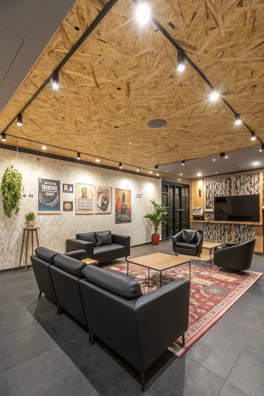 An artistic plywood ceiling transforming the room into a conversation starter.