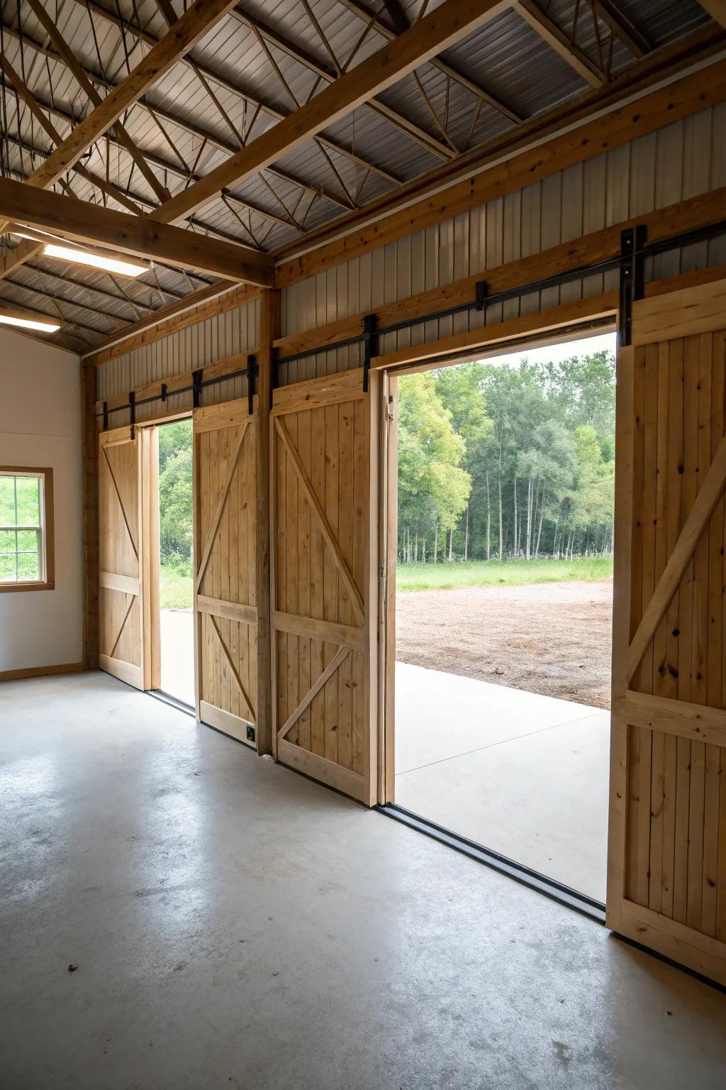 Rolling barn doors are employed as useful room dividers in a pole barn.