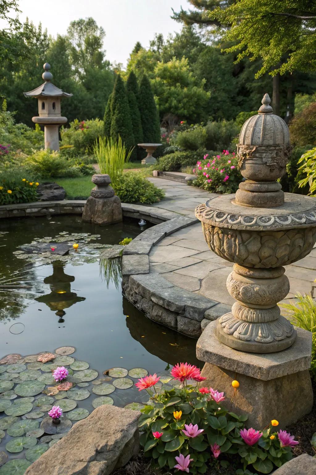 A decorative pond adorned with stone statues and ornaments.