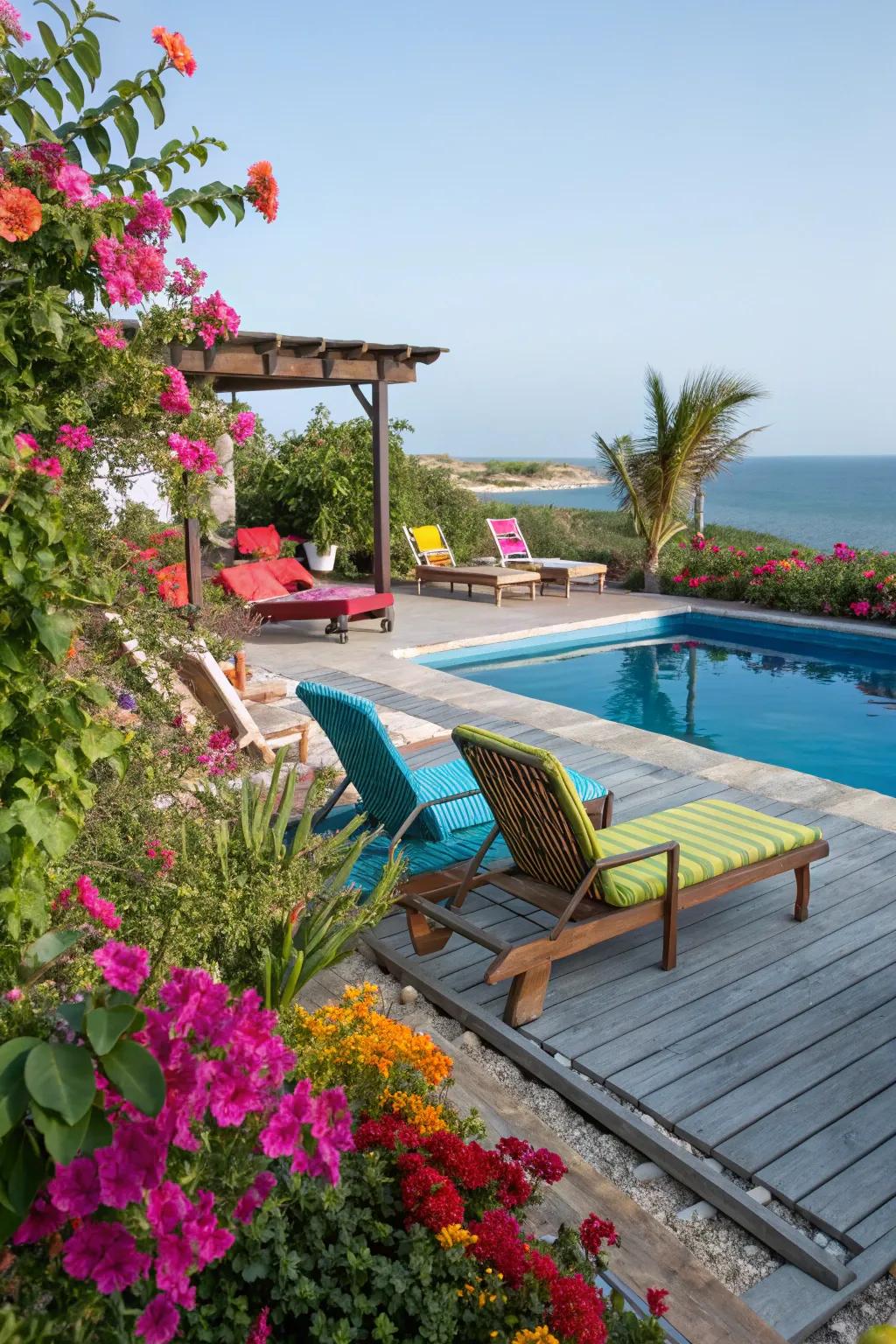 Colorful accents bring energy and vibrancy to poolside spaces.