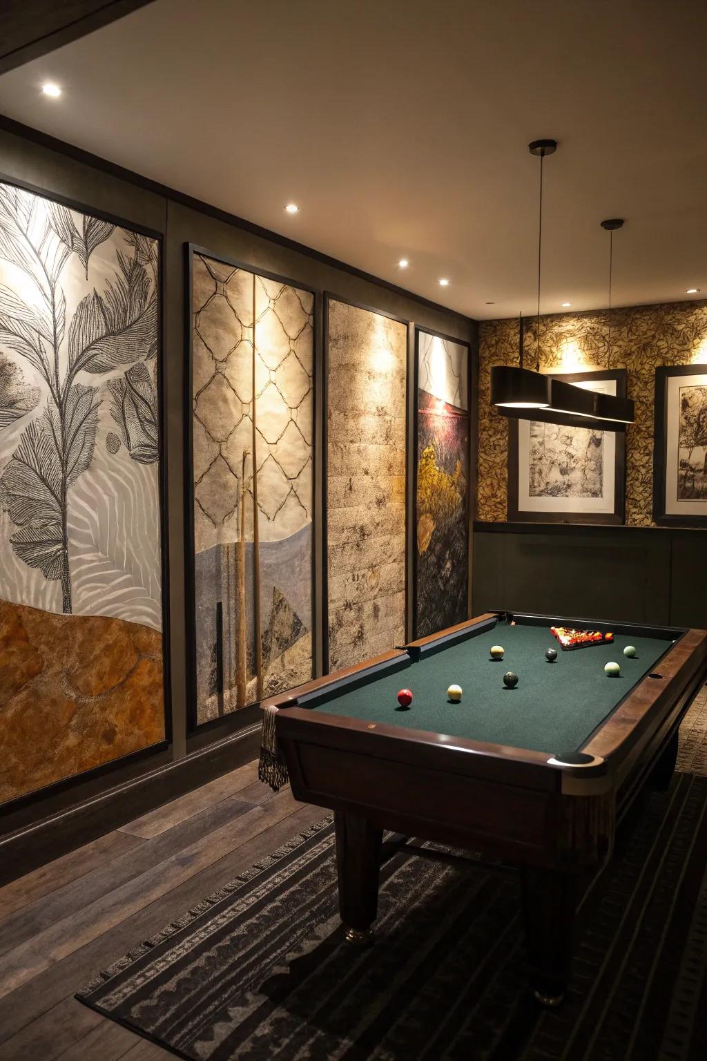 Stylish wall boards add depth and style to a small pool room.
