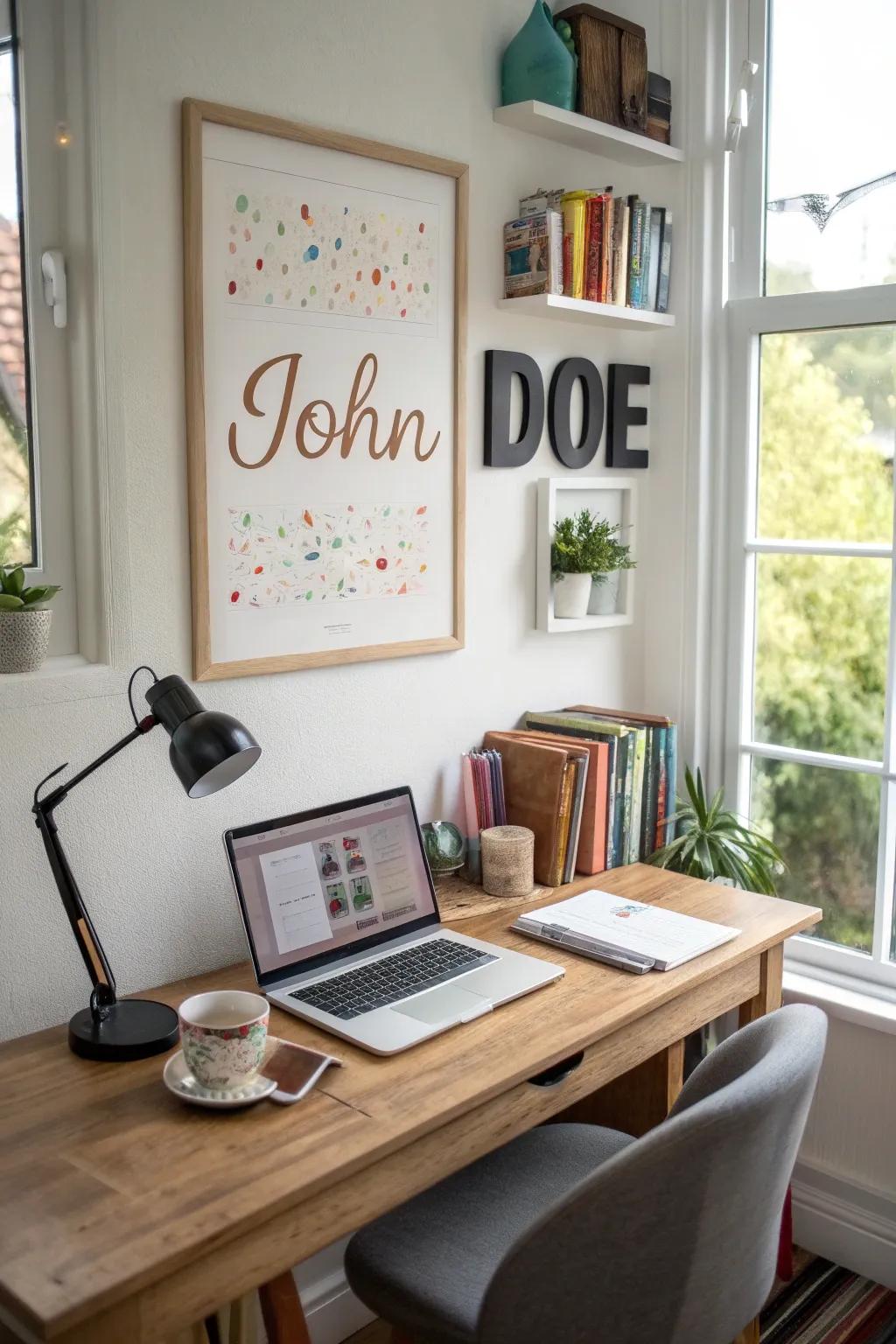 A custom pattern name display adding a personal touch to an office.