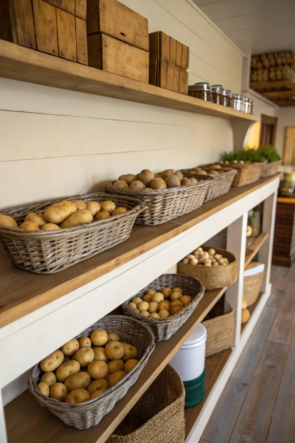 Elegant baskets create an organized and fashionable potato exhibit.