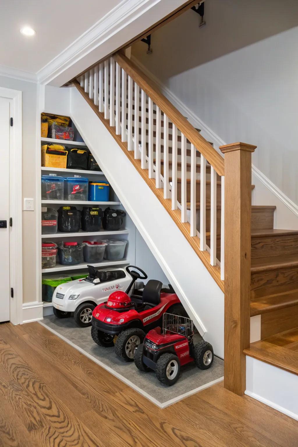 Under-stair storage cleverly concealing motorized toys.