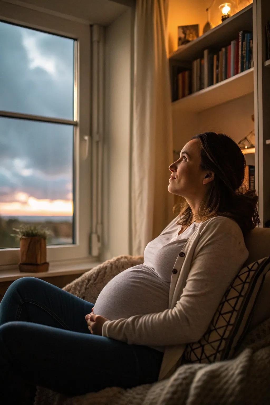 Reflective moments capture the anticipation and elegance of pregnancy.