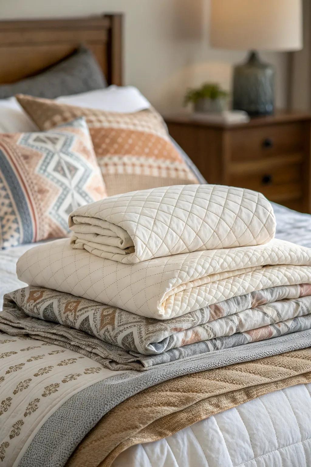 Layered coverings create an inviting and warm atmosphere.