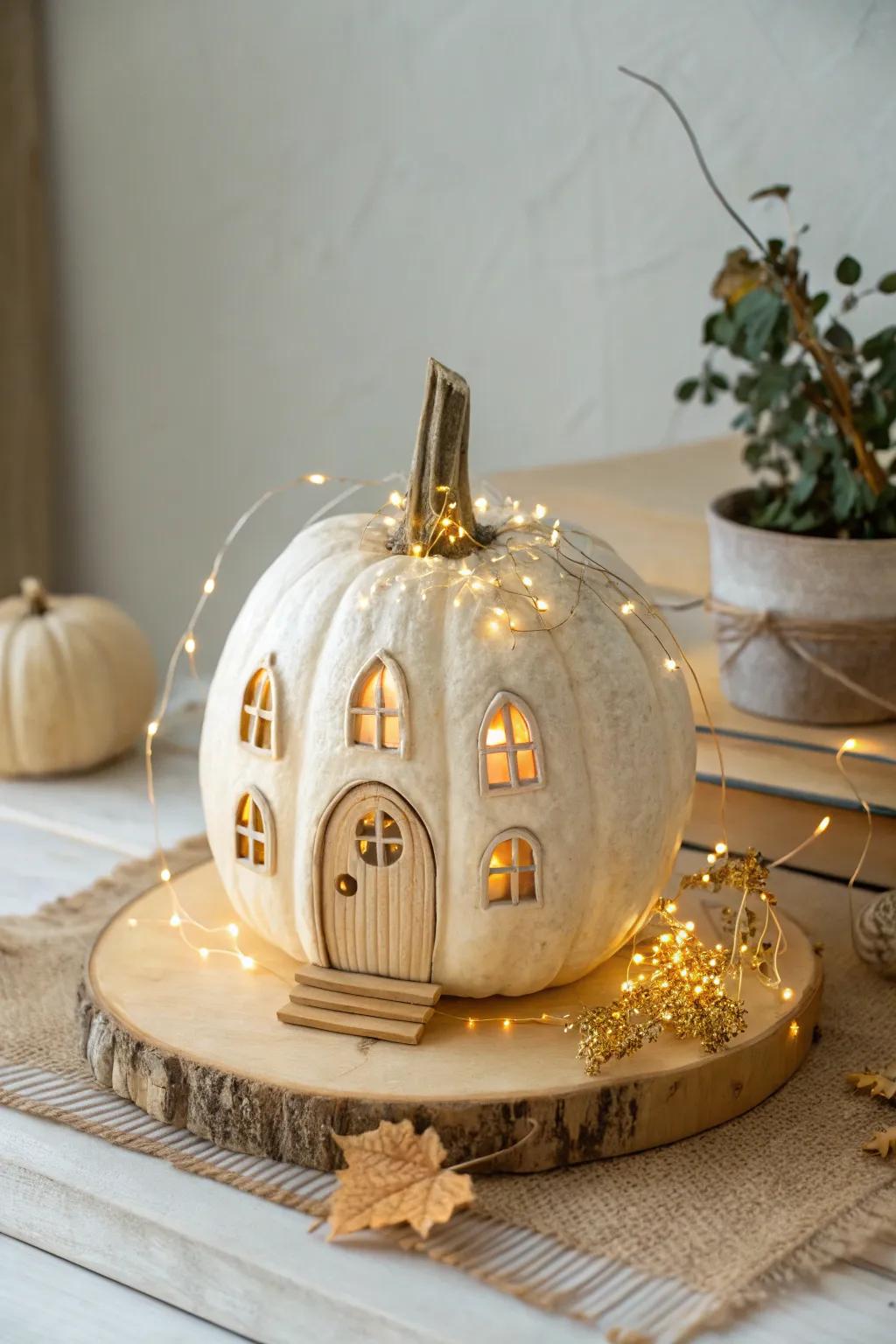 Illuminate your imagination with this enchanting pumpkin pixie residence, enveloped in a shimmering embrace of mini filament beacons.