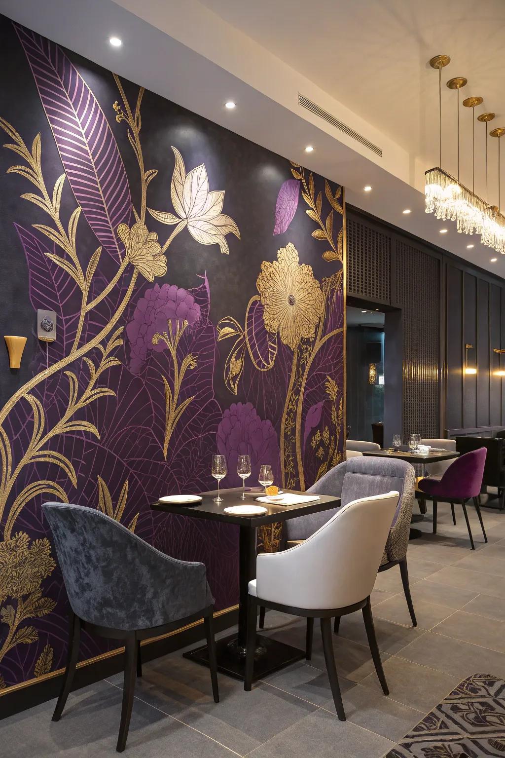A wall mural with purple and gold elements creates a dramatic effect.