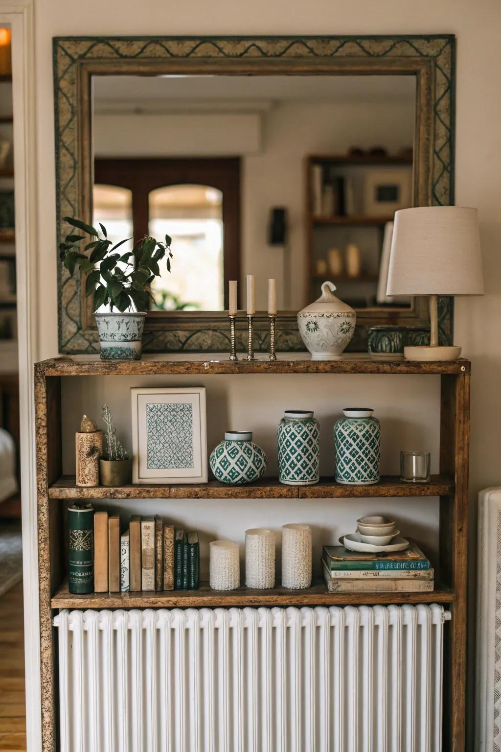 Balance your space with symmetrical styling on your radiator shelf.