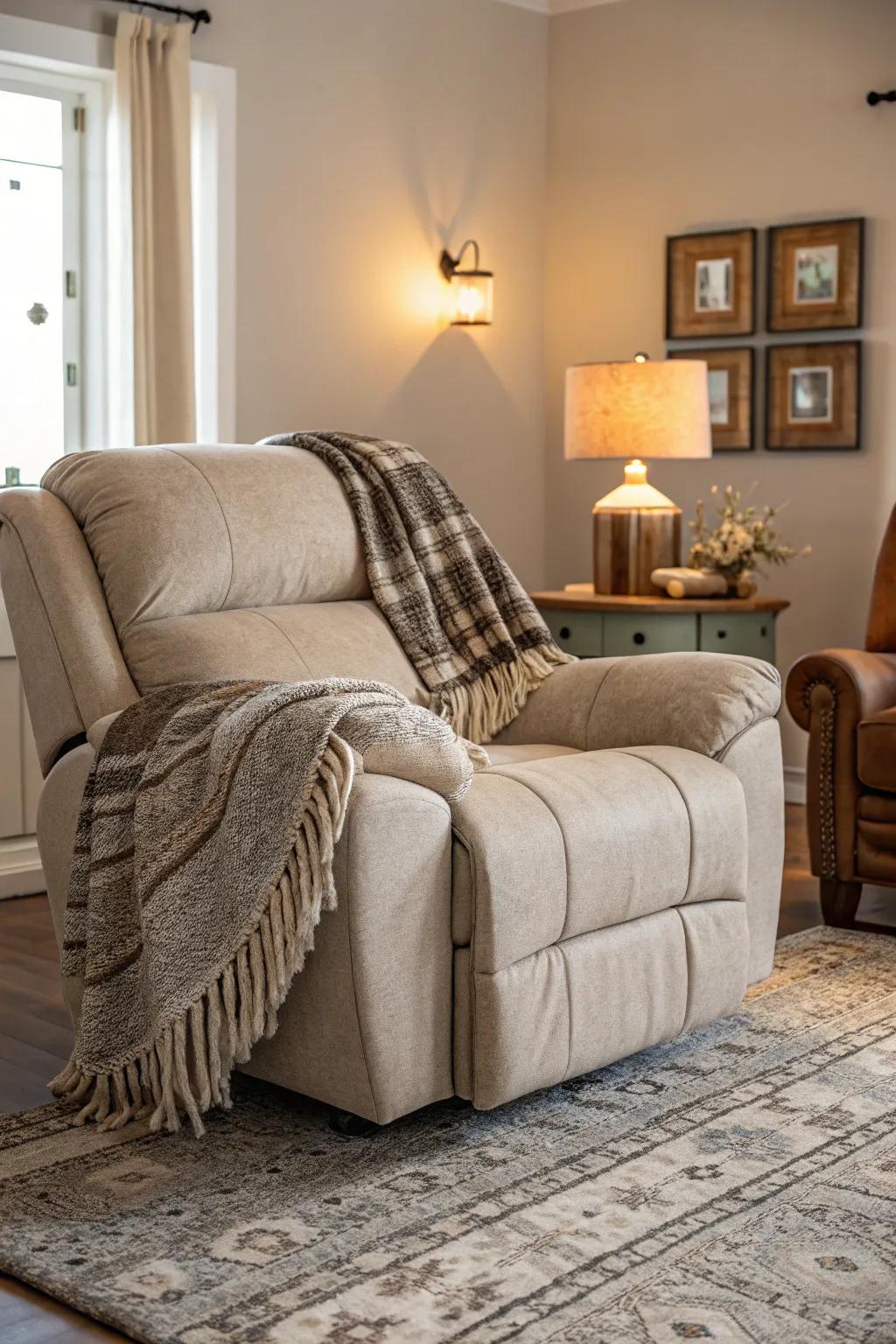 An inviting reclining sofa elevated through a delicate throw lightweight cover.