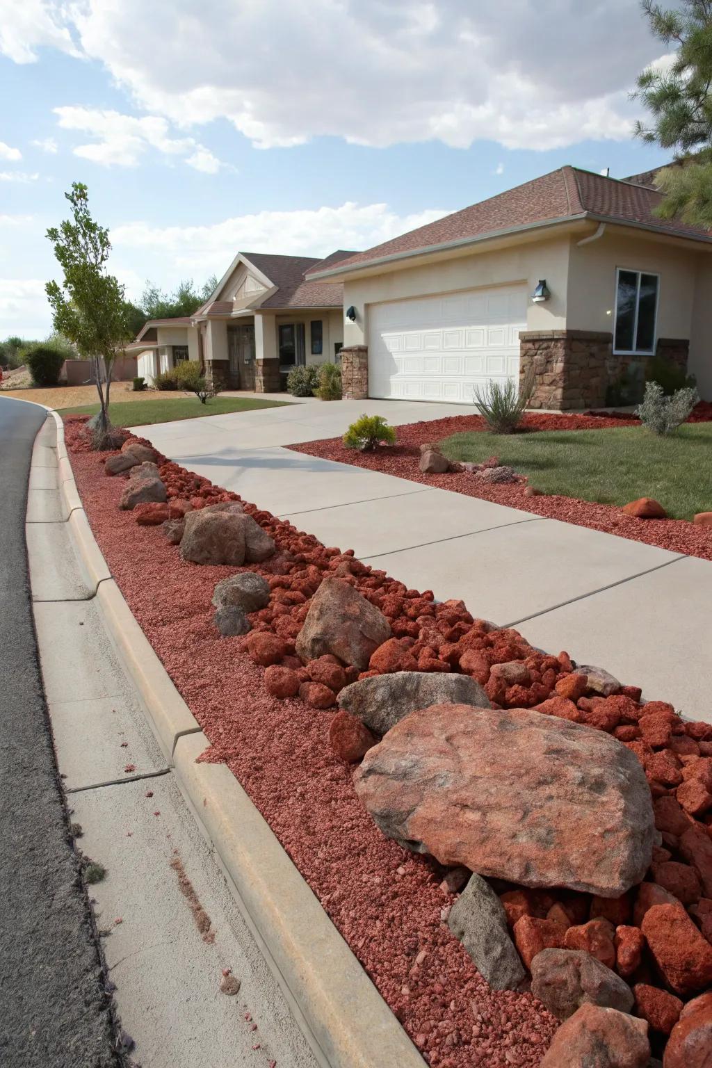 Scarlet volcanic stones along the driveway make a daring statement for this home's facade.