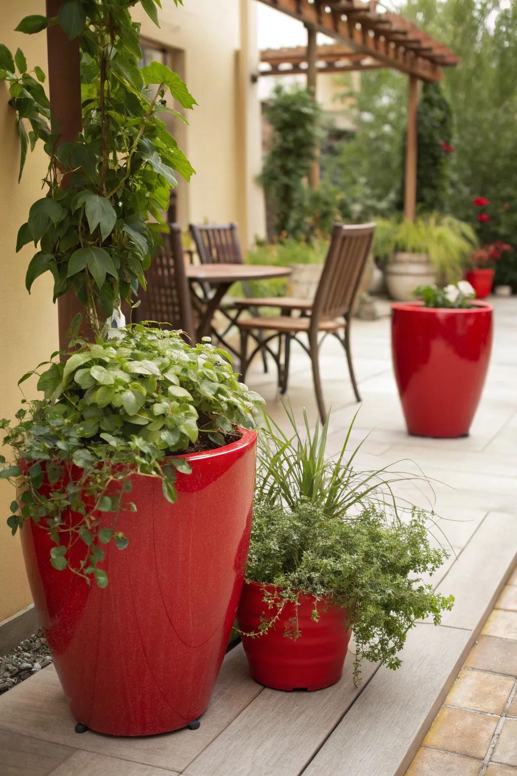 Scarlet planters and lush greenery create a harmonious setting.