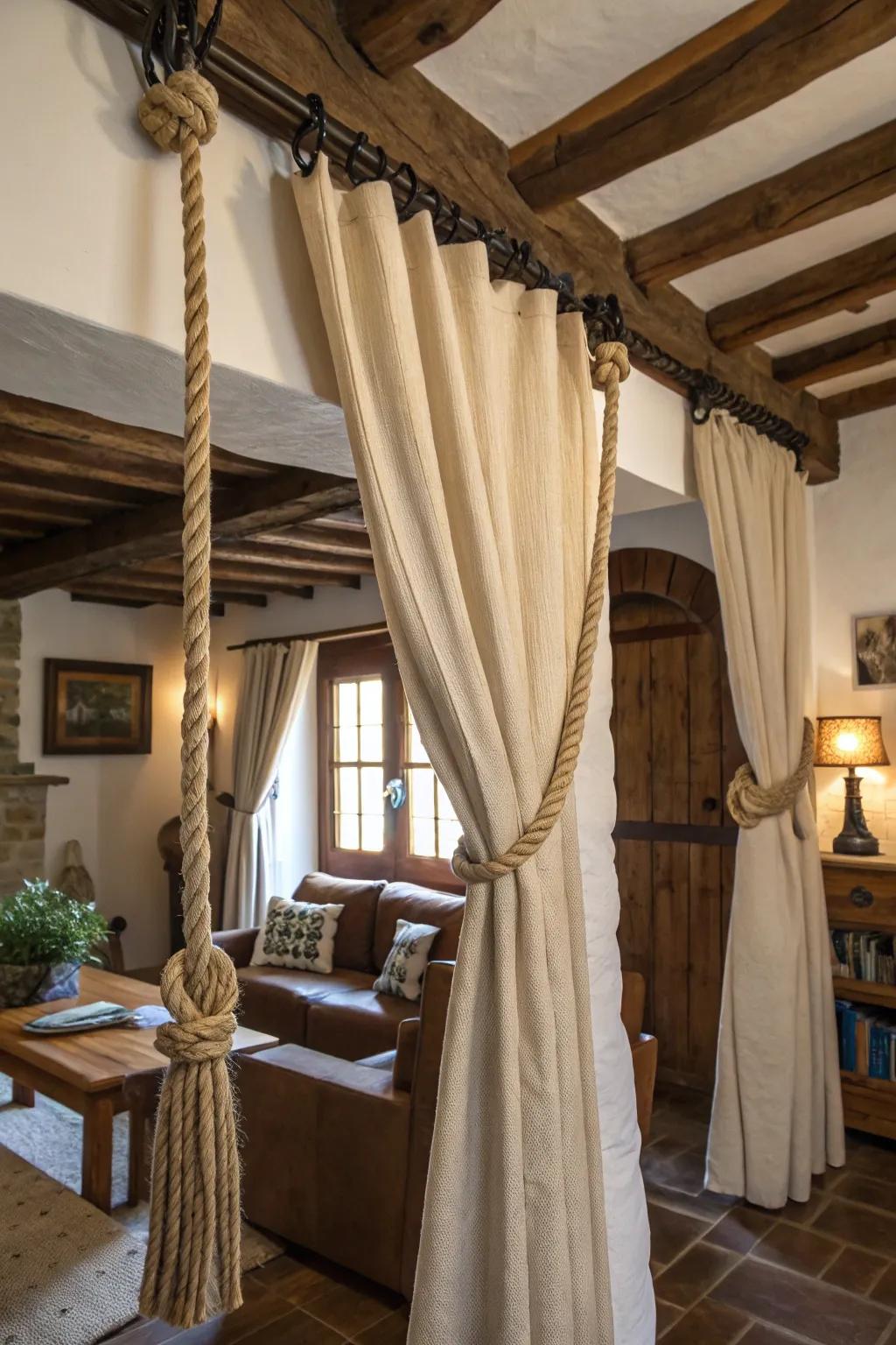 A country, cozy vibe is added to drape setups by cord suspension.