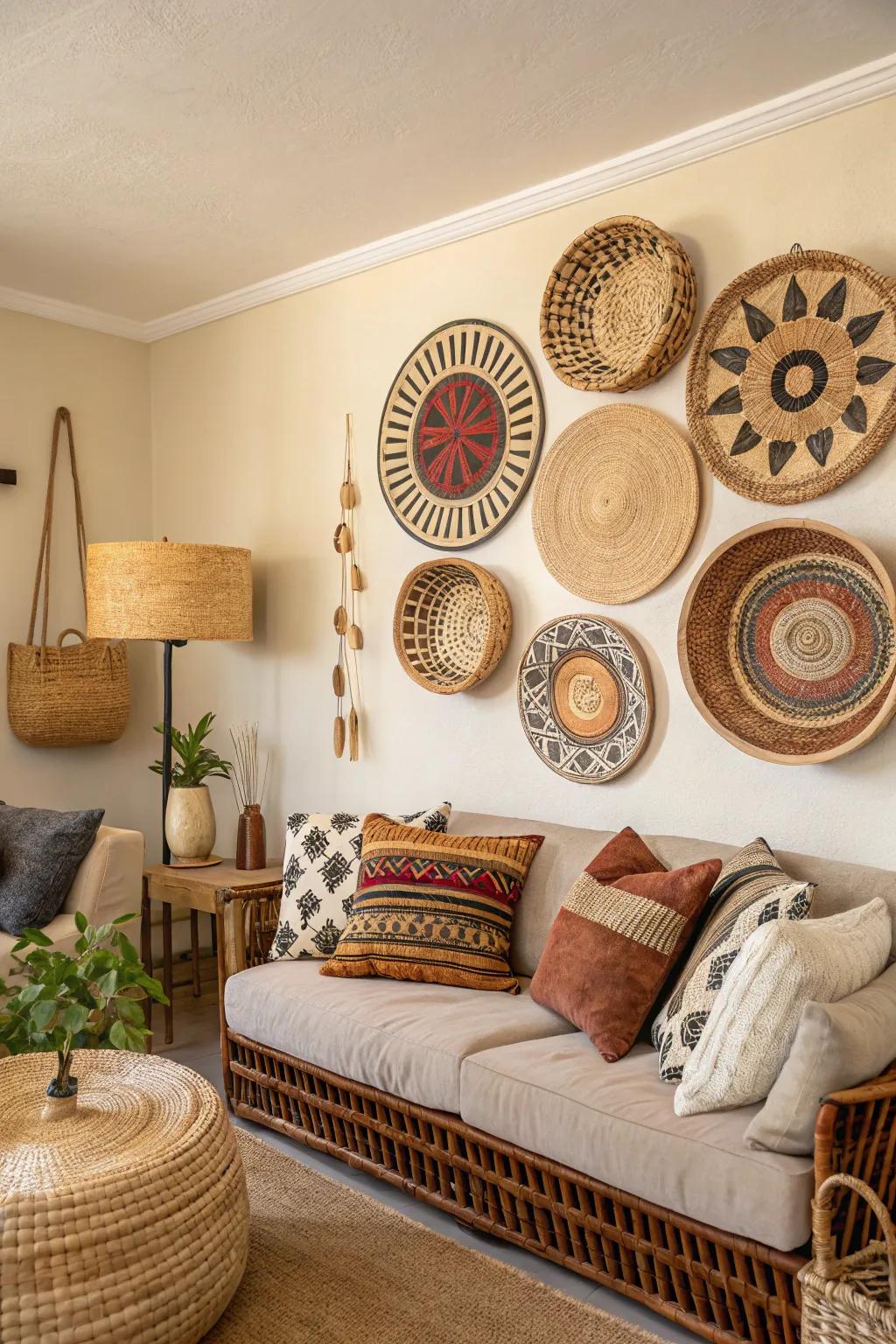 Introduce texture with baskets as wall accents.