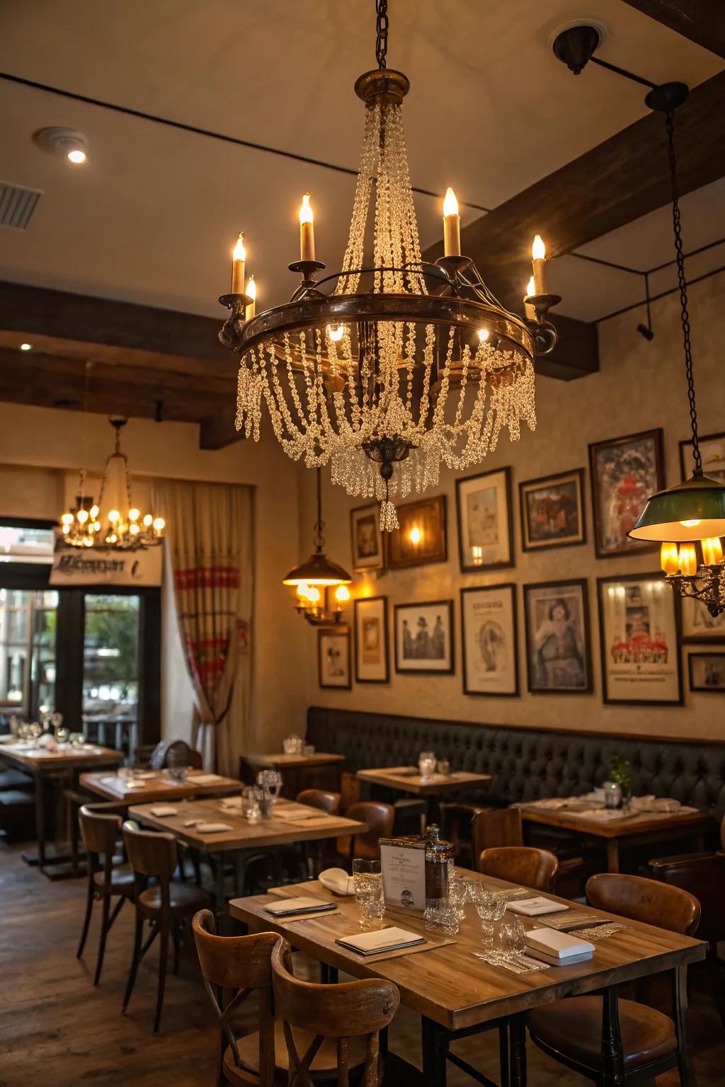 Vintage chandeliers present elegance and history.