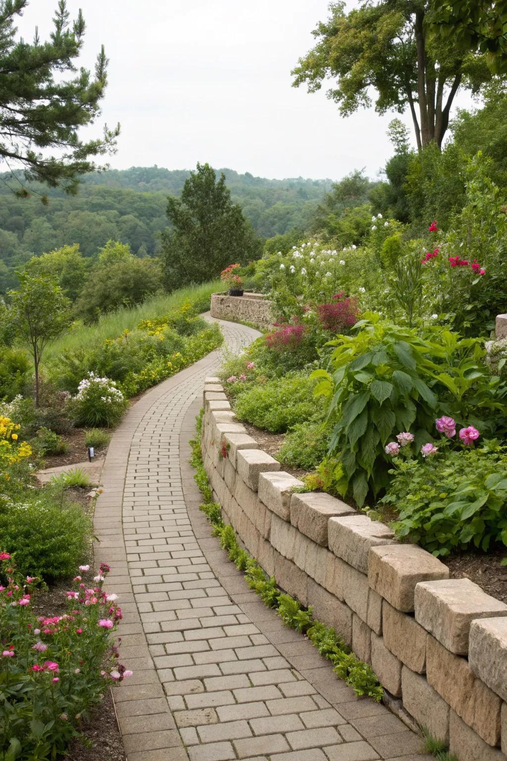 Garden walkway elegantly lined with garden border blocks, encouraging exploration.