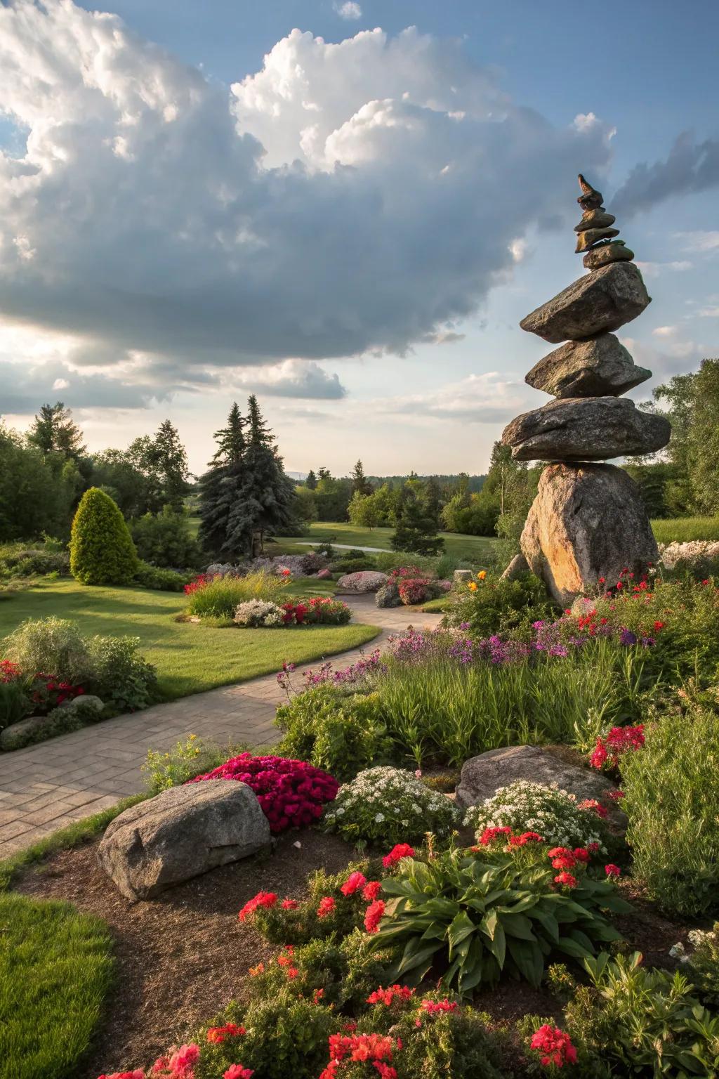 Stone artworks convert gardens into artistic locations.