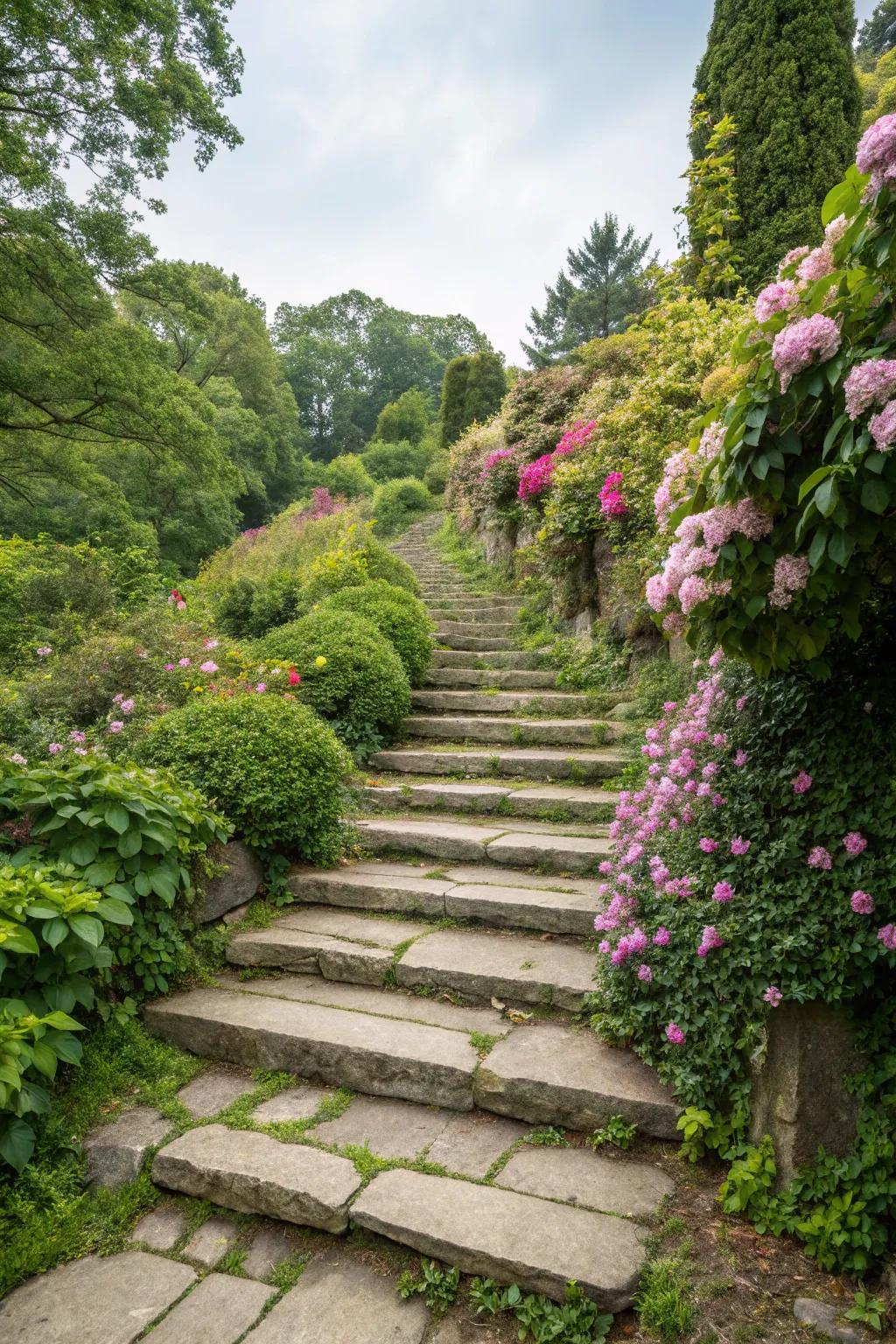Natural stone steps deliver drama and functionality on slopes.