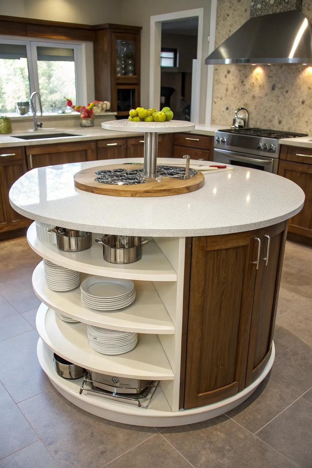 Multi-level surfaces add versatility to a circular kitchen island.