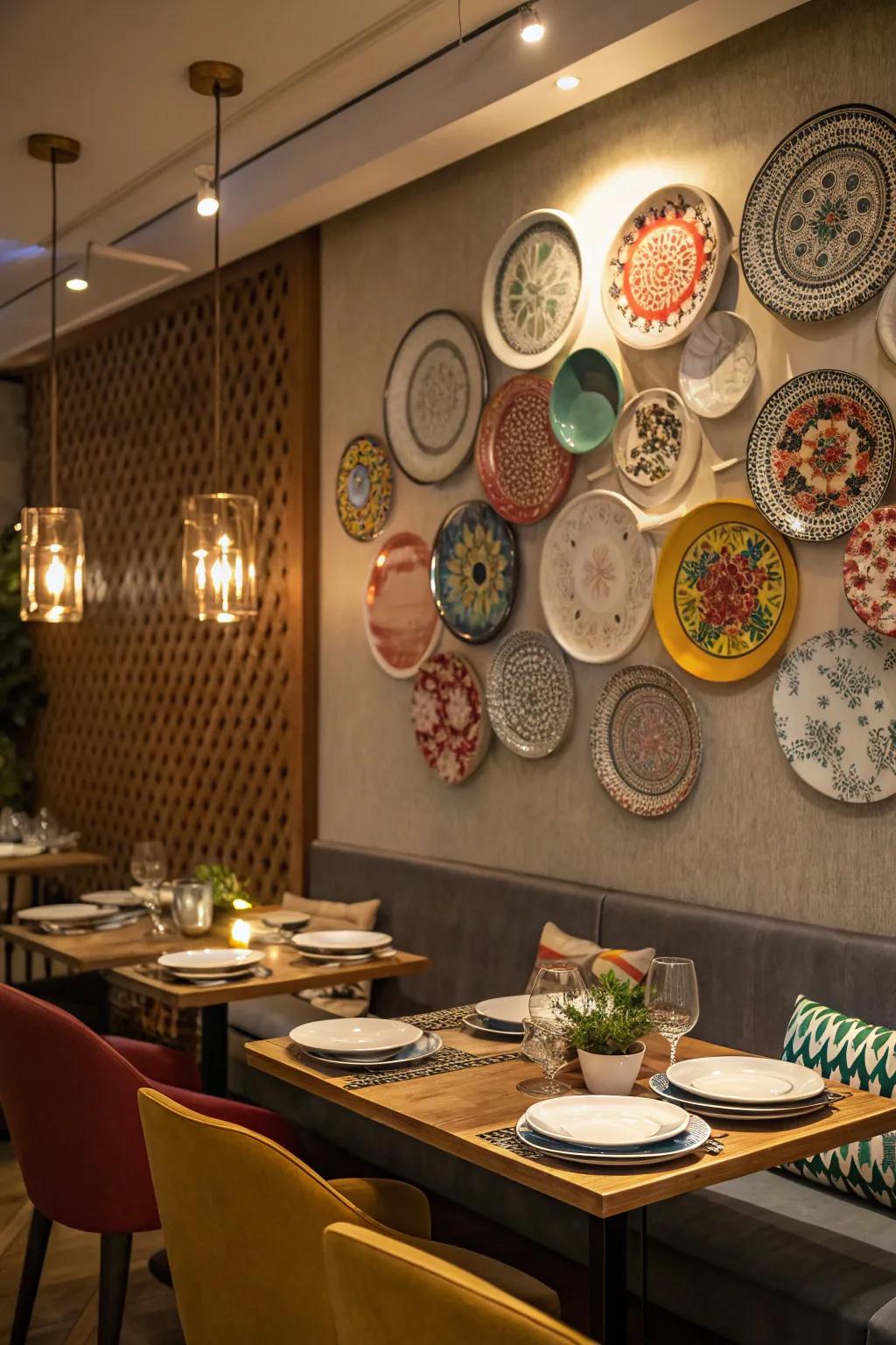Dining space that features an assorted showcase of round dishes upon the wall.
