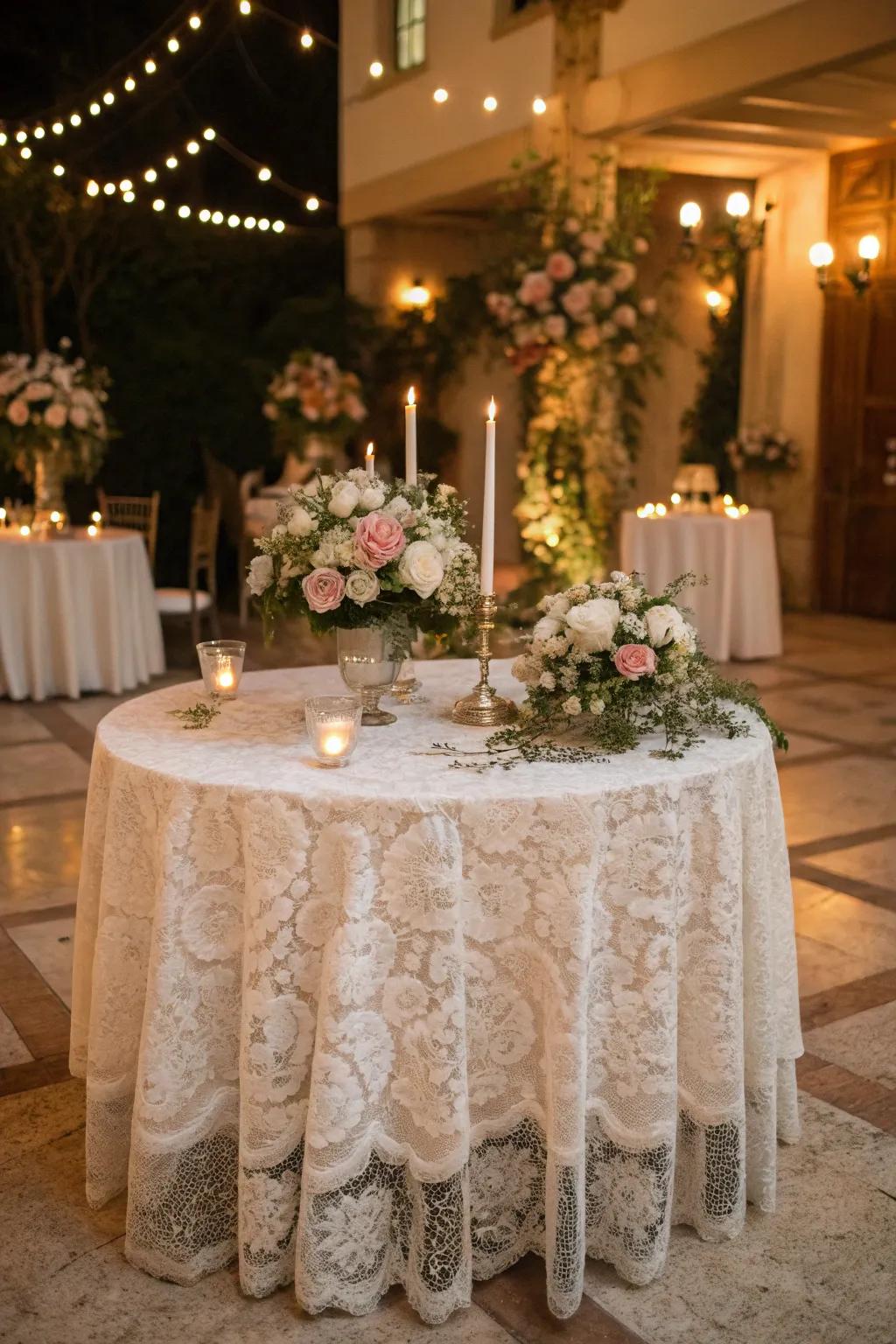 Enchanting lace table covering for a classic inspired wedding.