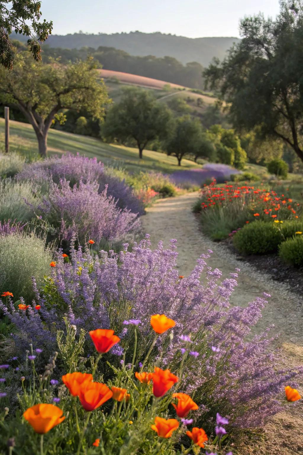 A joyful garden scene showcasing azure blooms and poppies.