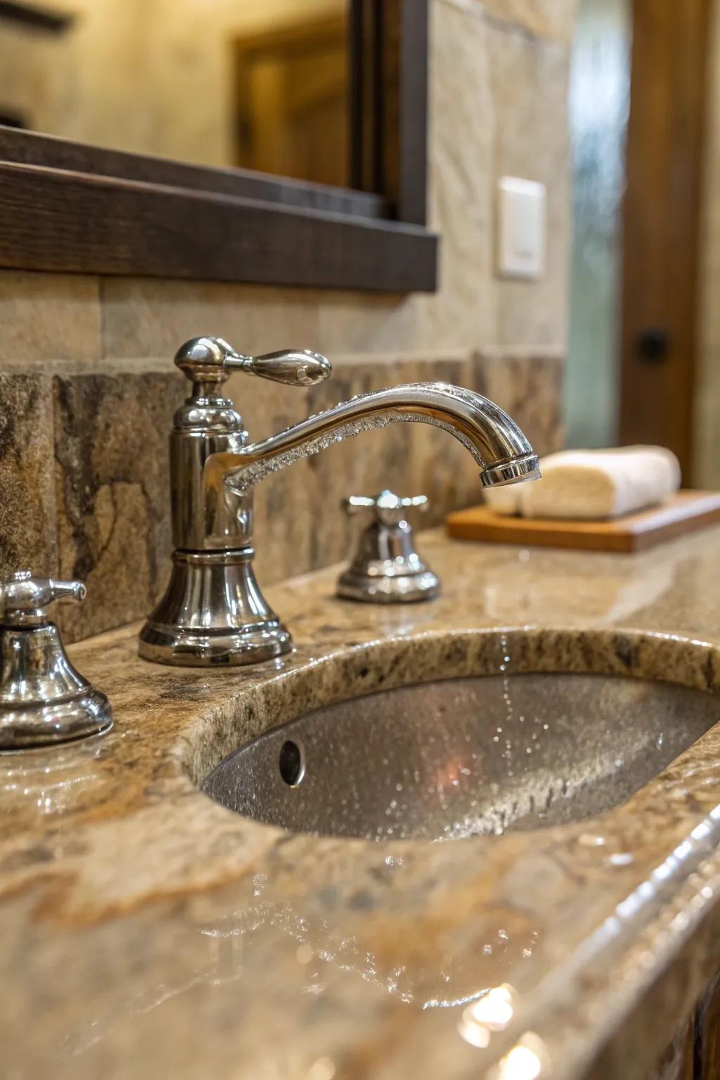 Stone surfaces enhance the earthy feel of rustic bathrooms.