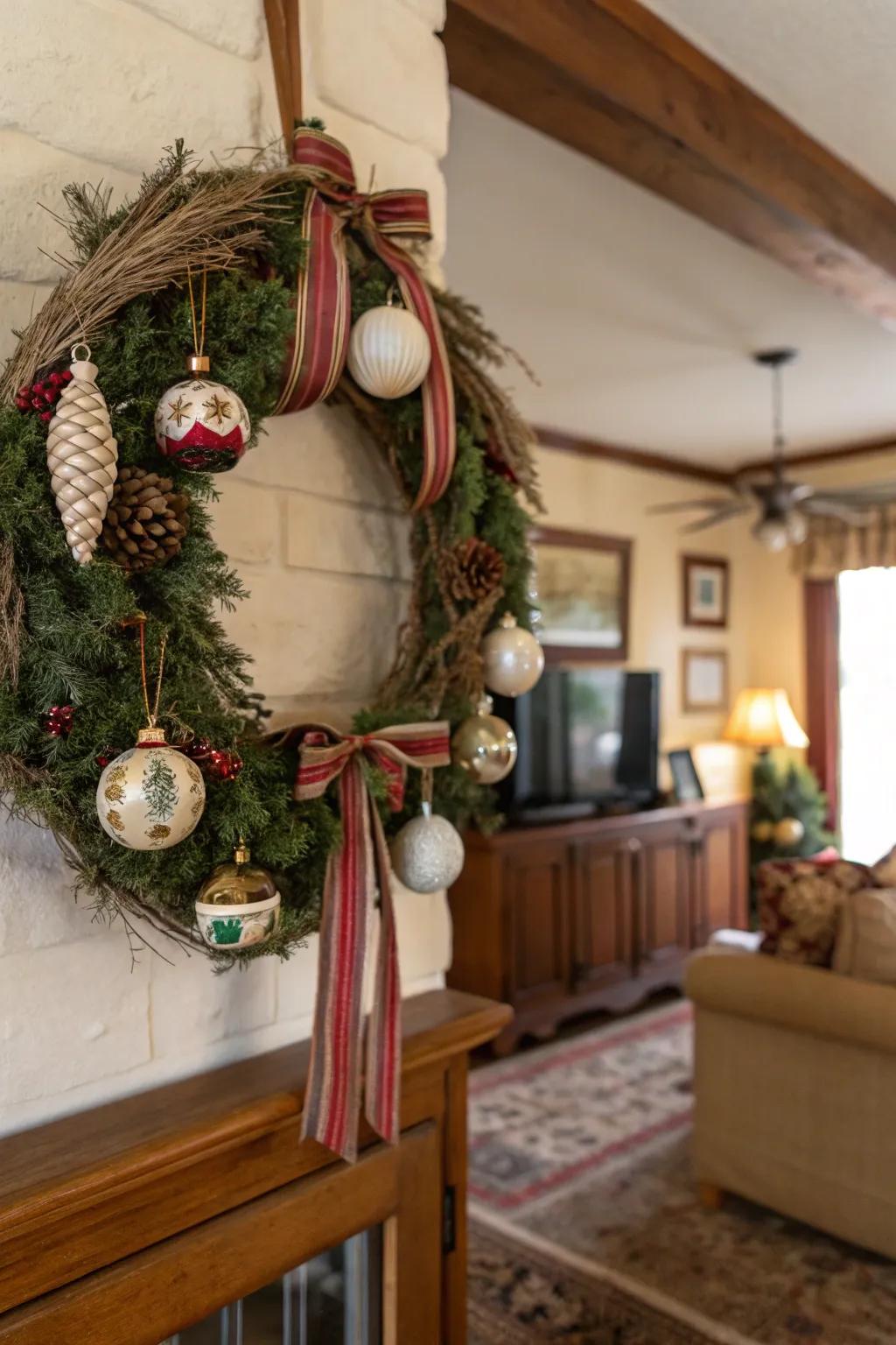 Vintage ornaments add nostalgic charm to this wreath.