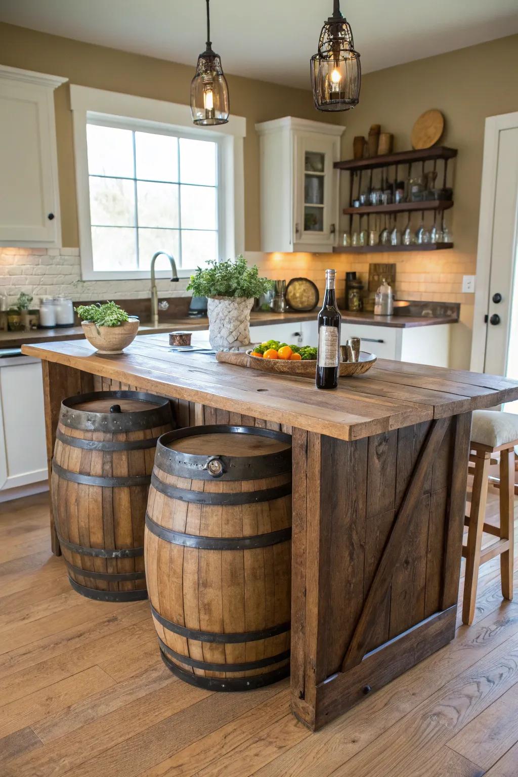 A playful countryside kitchen island crafted using reclaimed wine barrels.