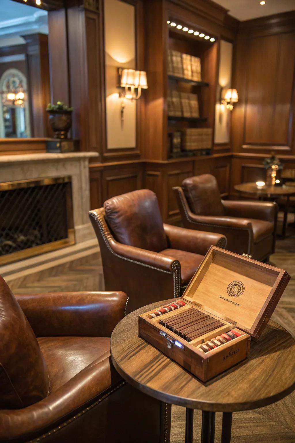 A smoking corner introduces a sophisticated element to the masculine retreat.