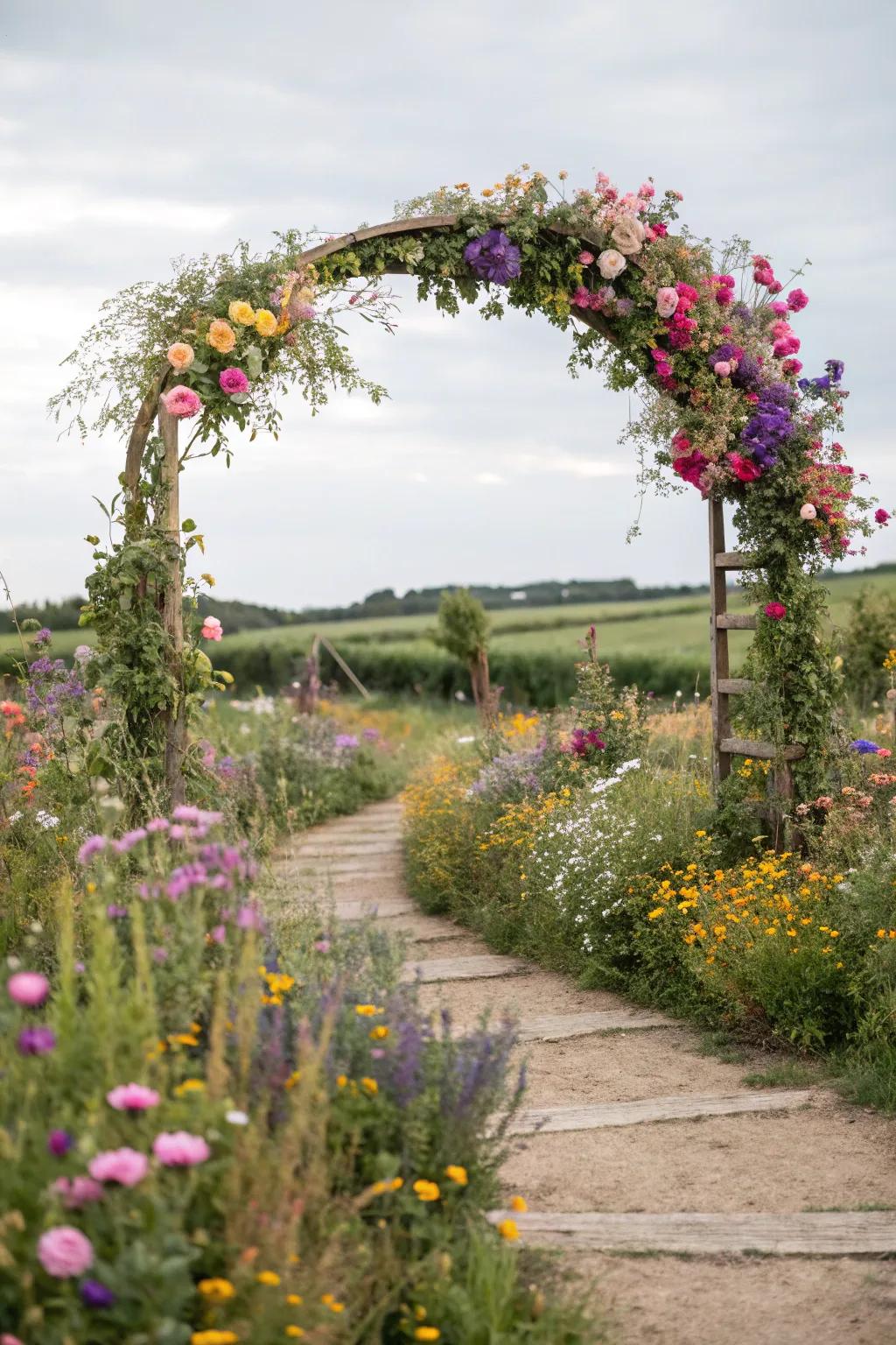 A wild bloom arch, which radiates hues and whimsy.