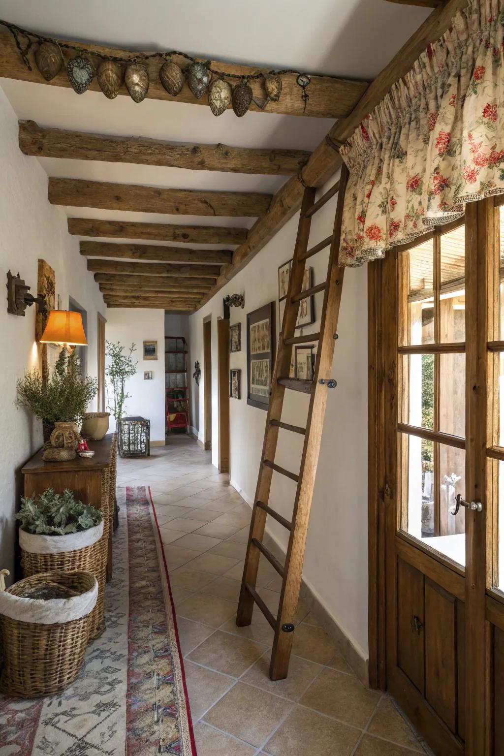 An eclectic hallway featuring a valance fashioned from a repurposed timber ladder.