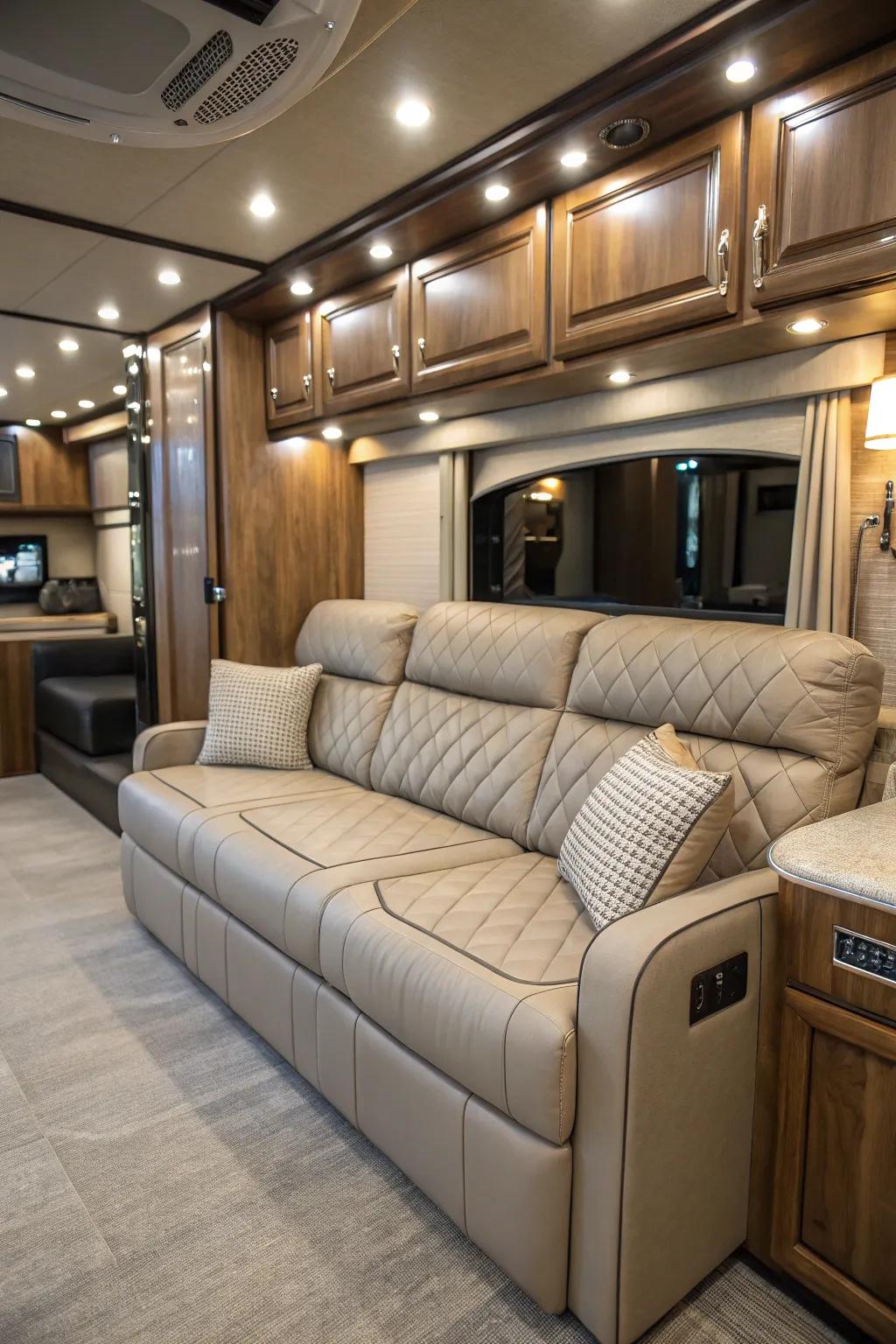 Leather couches bring elegance and durability to your RV.