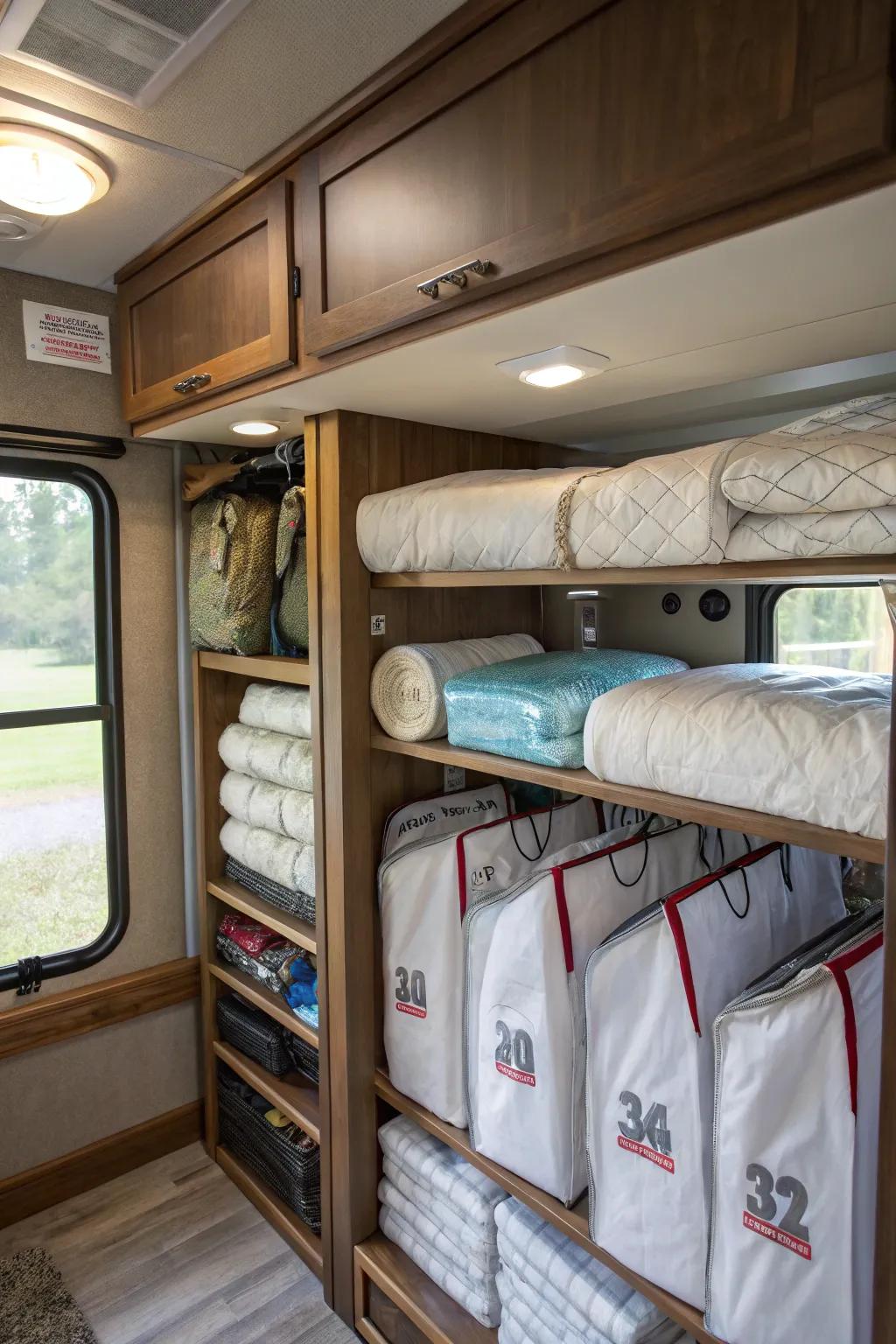 Vacuum bags used for space-efficient clothes storage in an RV.