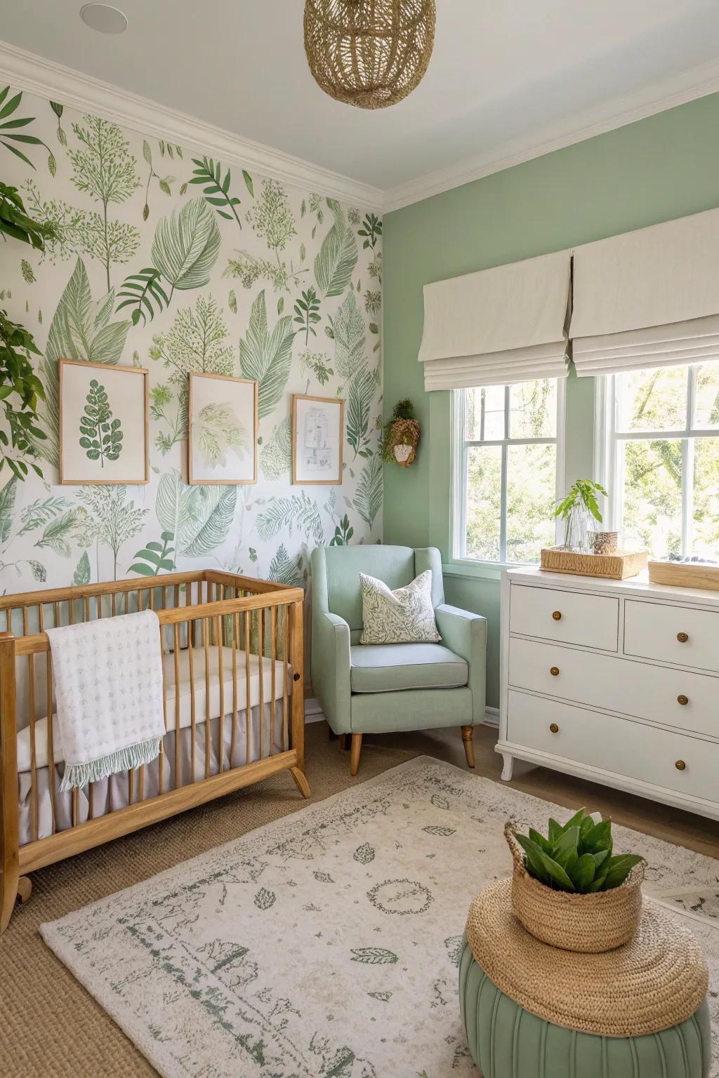 Botanical prints reinforce the natural aesthetic of a soft leaf green nursery.