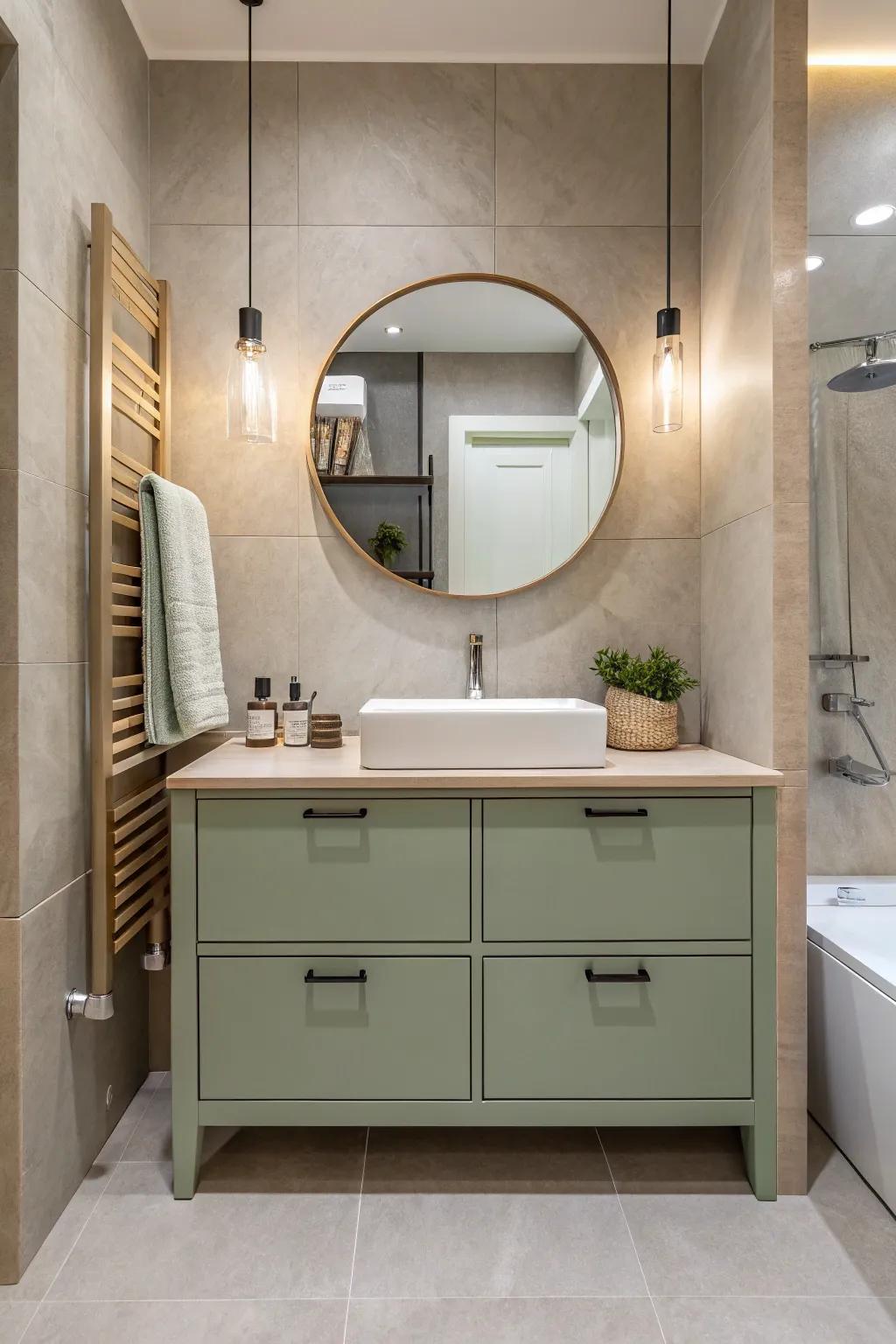 A modern bath showing a floating willow tint vanity that makes the most of space.