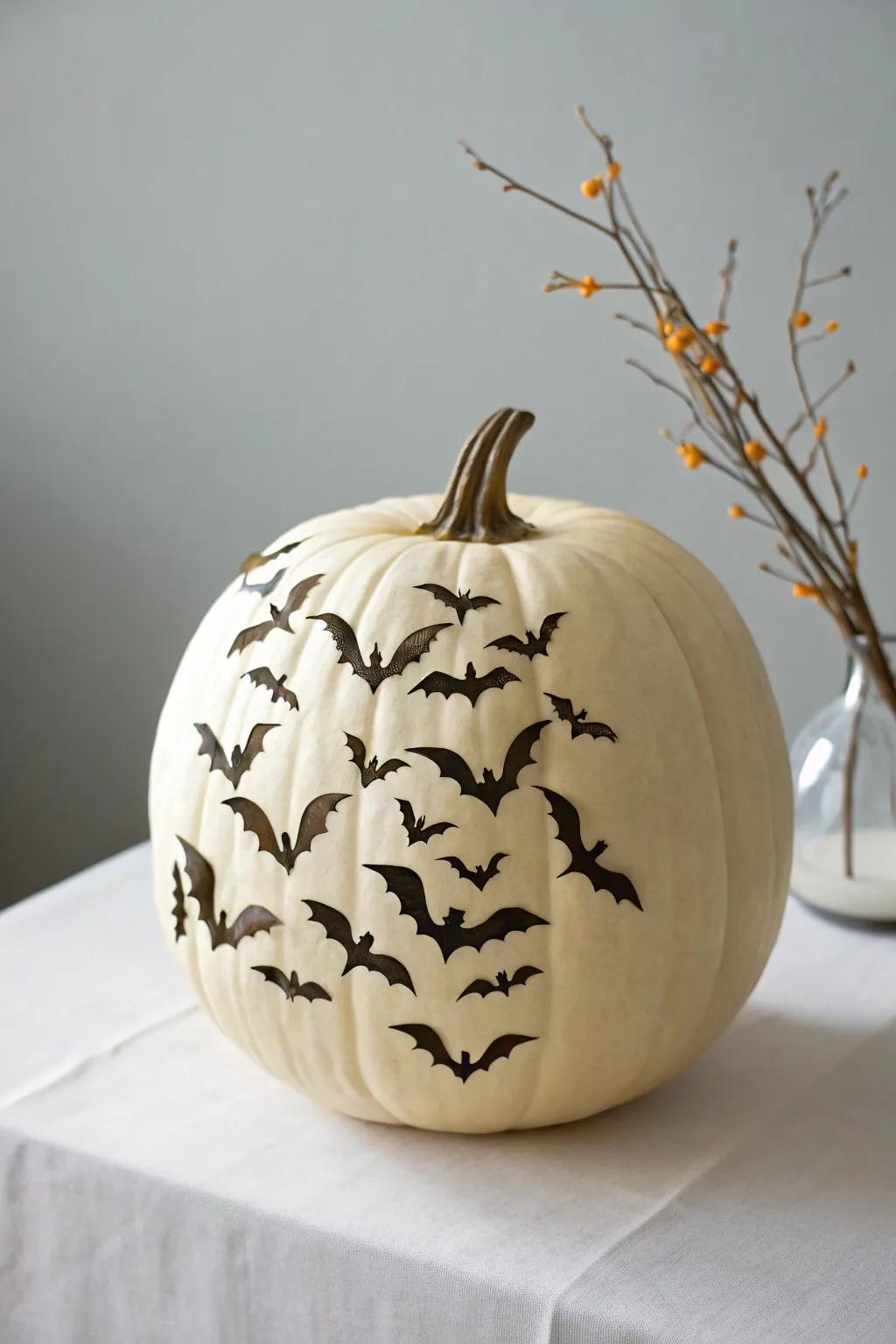 Elevate your Halloween decor with a minimalist, bat-swarming pumpkin. Craftsmanship meets natural beauty for an elegant spooky night.