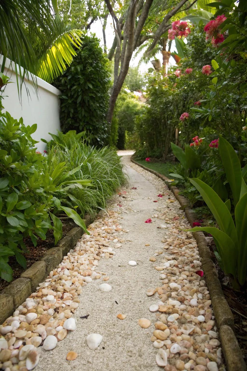 A seashell-bordered route appends elemental splendor and texture to your garden.