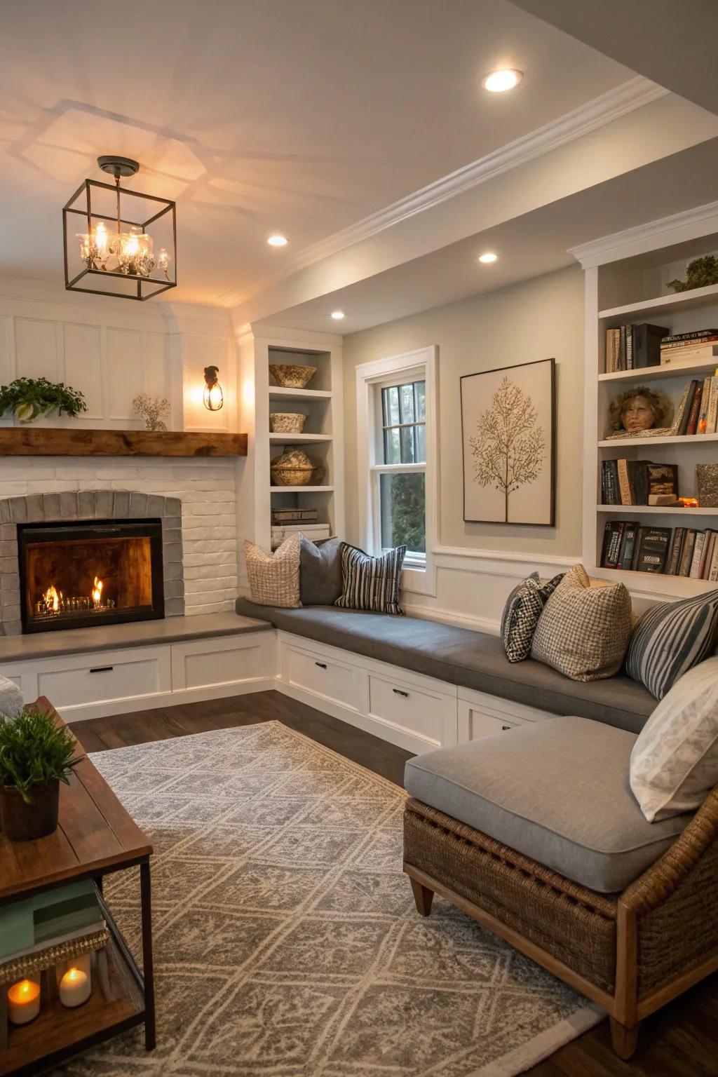 Integrated benches offer a practical and fashionable seating solution near the fireplace.